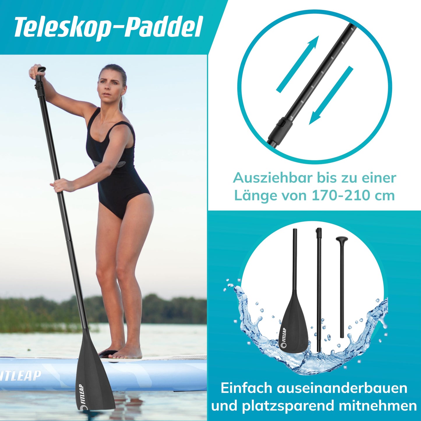 Fitleap Premium SUP Board aufblasbar, Set mit Hochdruckpumpe, verstellbarem Paddel & Rucksack, ideal für Anfänger & Profis, Yoga & Surfen