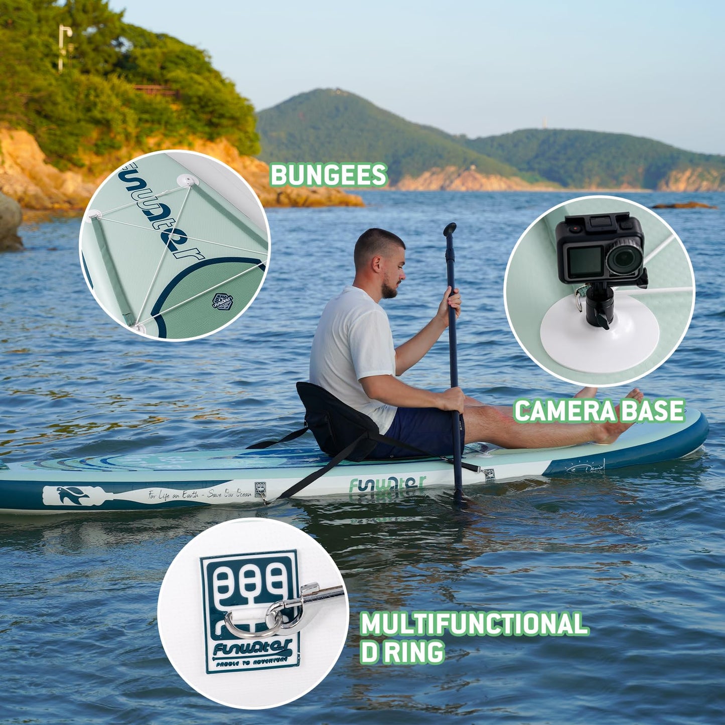 FunWater Aufblasbares SUP Board, Surfbrett mit komplettem Zubehör, verstellbares Paddel, Pumpe, Rucksack, Leine & Dry Bag, für Erwachsene