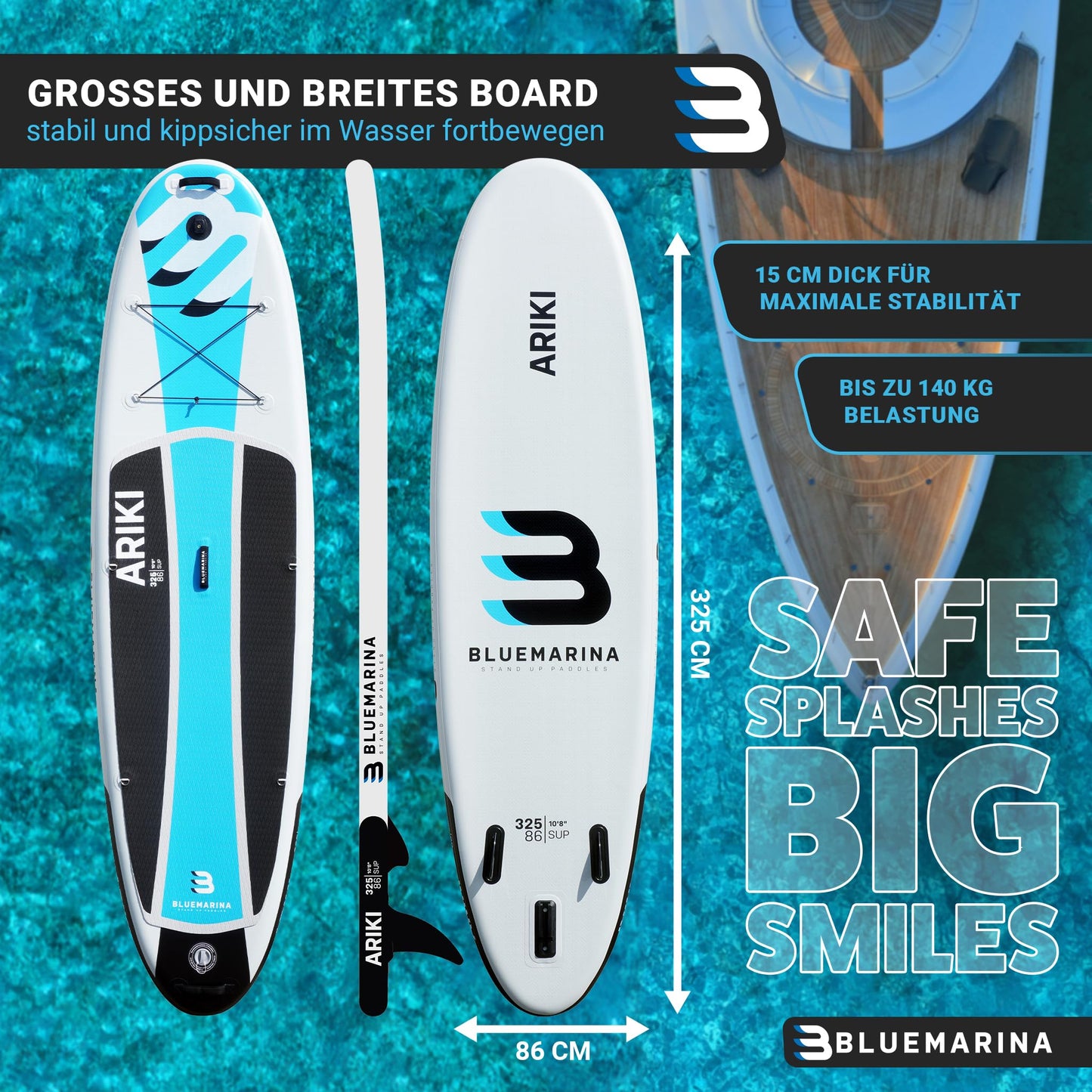 Bluemarina Ariki SUP Board aufblasbar 325x86x15cm, 140kg Tragkraft, inkl. Paddel-Set & Surfbrett-Zubehör, 5 Jahre Garantie