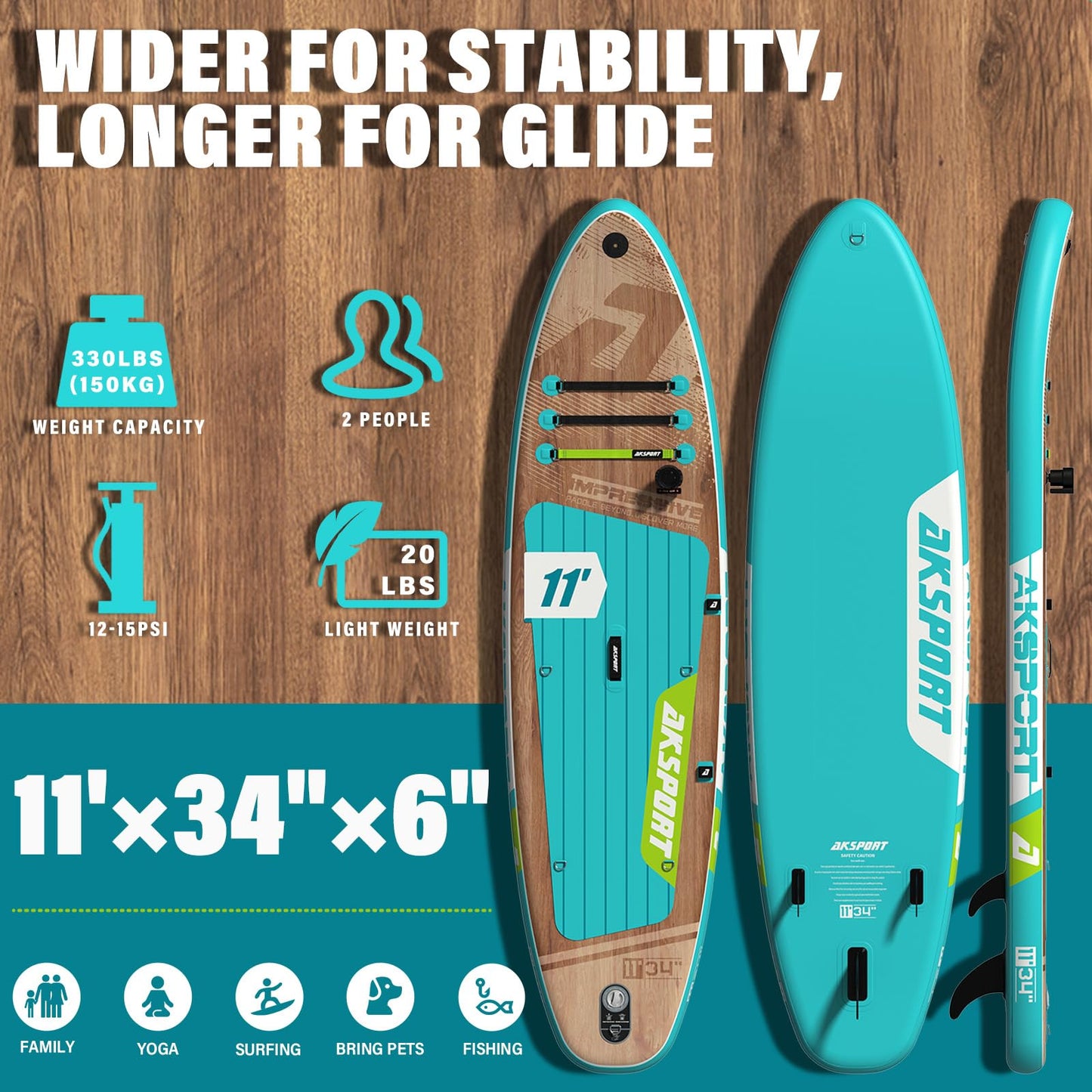 AKSPORT 11' Aufblasbares SUP Board mit Zubehör, stabiles Design, rutschfestes Deck, 2-in-1 Paddle/Kajak Board für Paddeln & Fischen