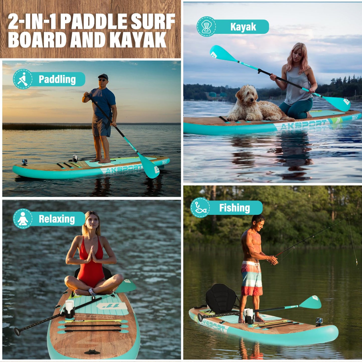 AKSPORT 11' Aufblasbares SUP Board mit Zubehör, stabiles Design, rutschfestes Deck, 2-in-1 Paddle/Kajak Board für Paddeln & Fischen