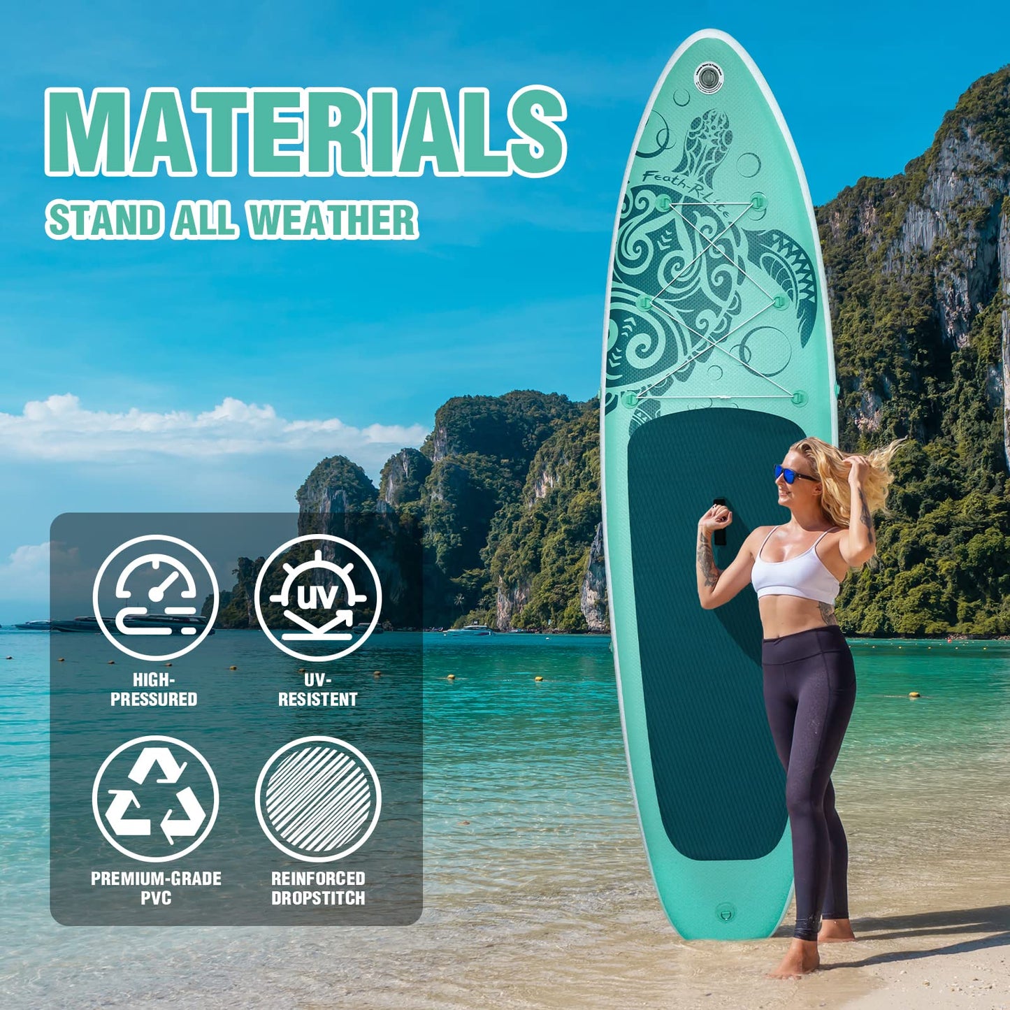 FEATH-R-LITE Aufblasbares SUP Board, Surfbrett mit komplettem Zubehör, verstellbares Paddel, Pumpe, Rucksack, Leine & Dry Bag, für Erwachsene