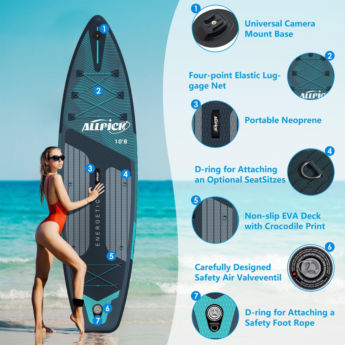 ALLPICK Premium SUP Board Set, aufblasbar, mit Zubehör & Kamerahalterung, verstellbares Paddel, für Anfänger & Profis, 180kg, Premium-Grün