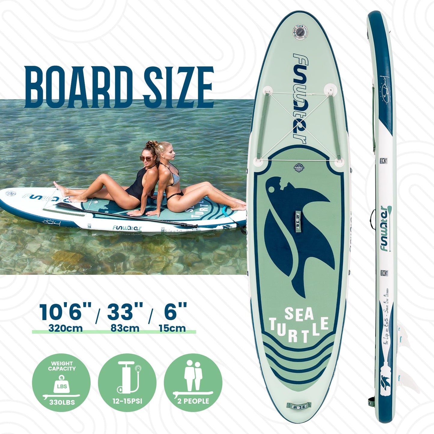FunWater Aufblasbares SUP Board, Surfbrett mit komplettem Zubehör, verstellbares Paddel, Pumpe, Rucksack, Leine & Dry Bag, für Erwachsene
