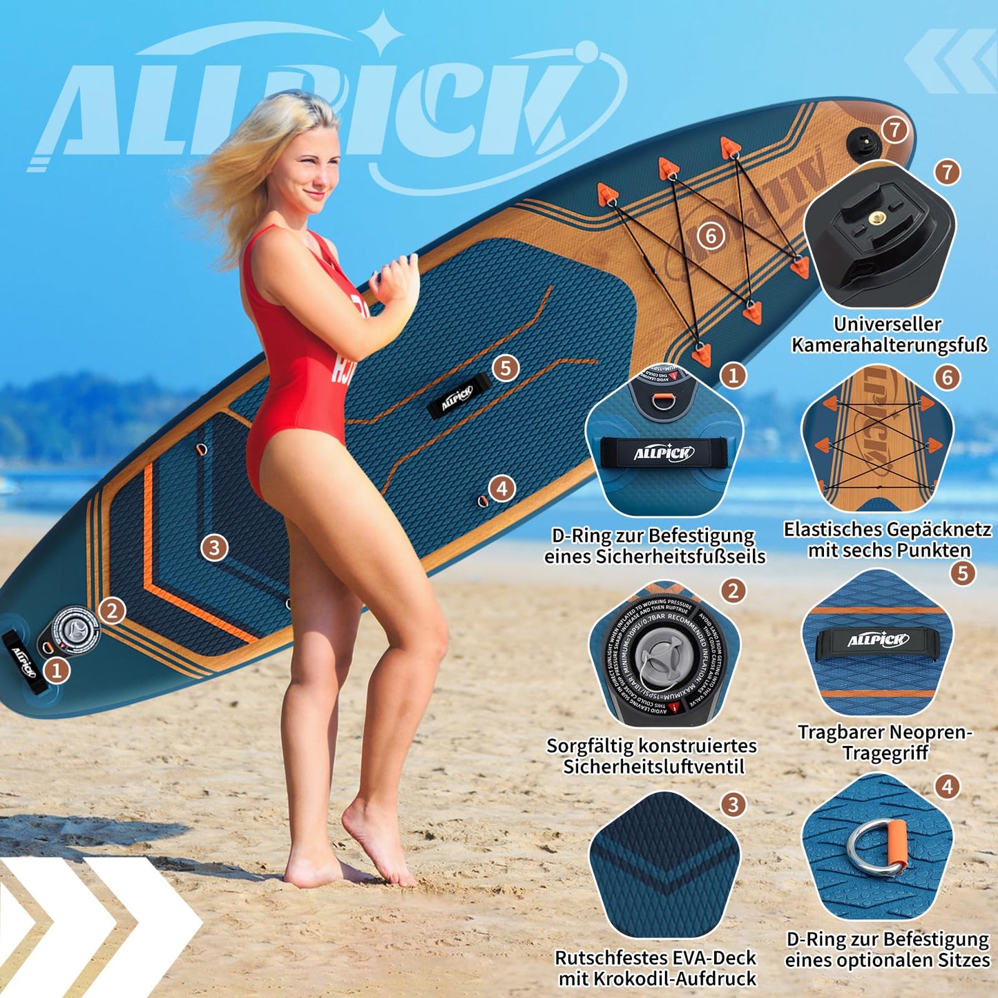 ALLPICK Premium SUP Board Set, aufblasbar, mit Zubehör & Kamerahalterung, verstellbares Paddel, für Anfänger & Profis, 180kg, Marineblau