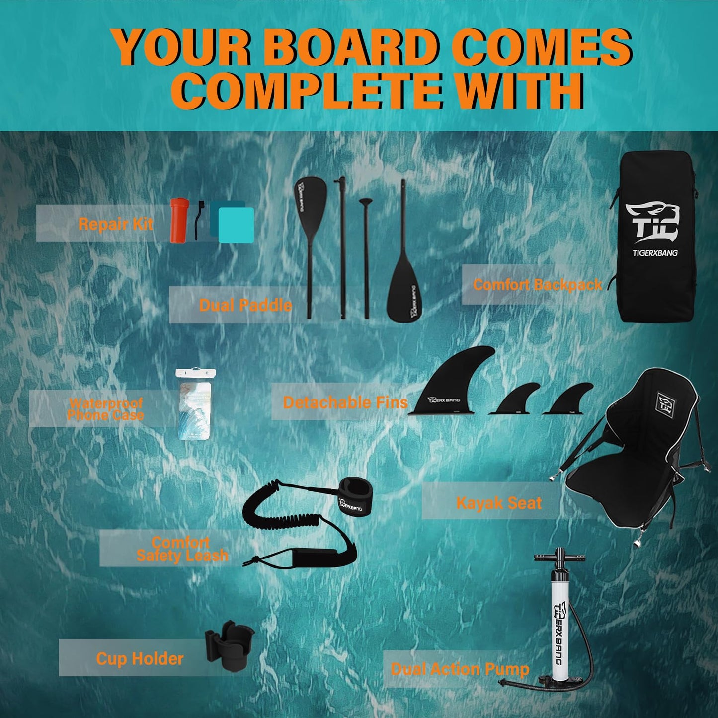 TIGERXBANG Aufblasbares SUP Board 335x86x15cm, vielseitig & stabil, für Erwachsene & Jugendliche, inkl. komplettem Zubehör, Wave Rider Blau