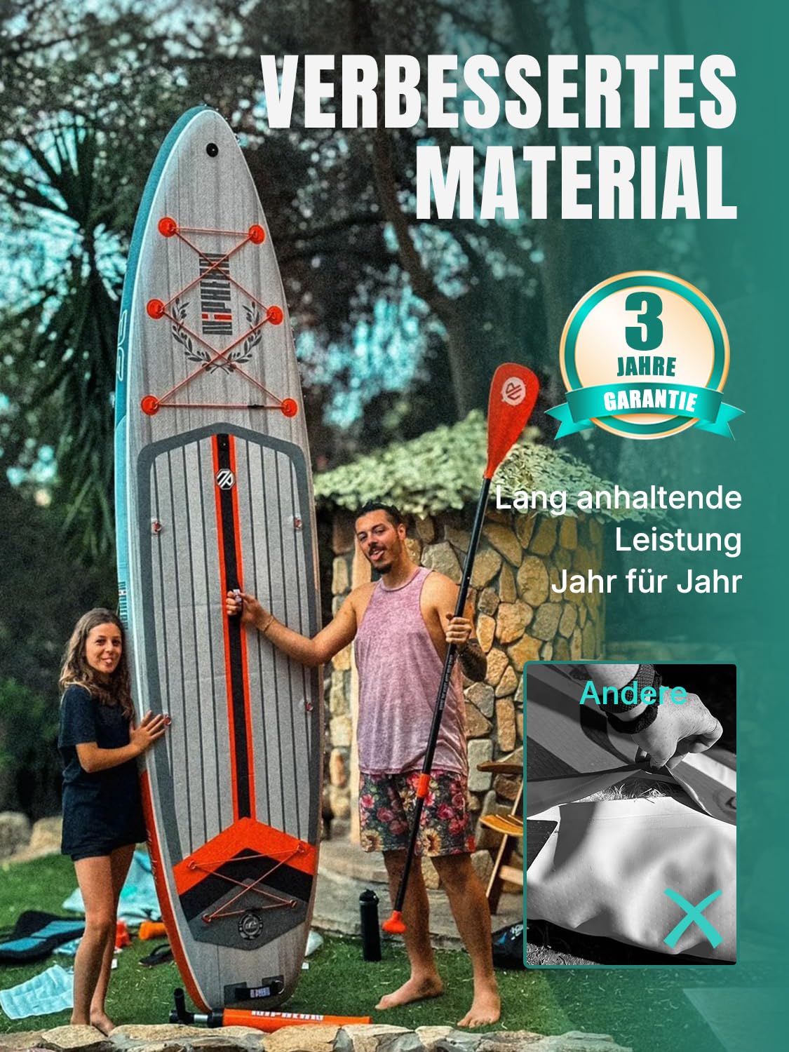 Niphean Extra Groß SUP Board für 2+1 Personen/Familien, anfängerfreundlich mit Balancierflügel, inkl. Zubehör & wasserdichter Handyhülle