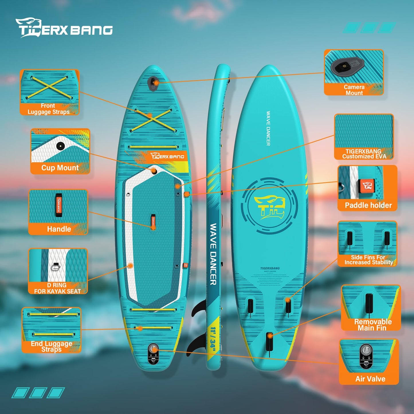 TIGERXBANG Aufblasbares SUP Board 335x86x15cm, vielseitig & stabil, für Erwachsene & Jugendliche, inkl. komplettem Zubehör, Wave Rider Blau