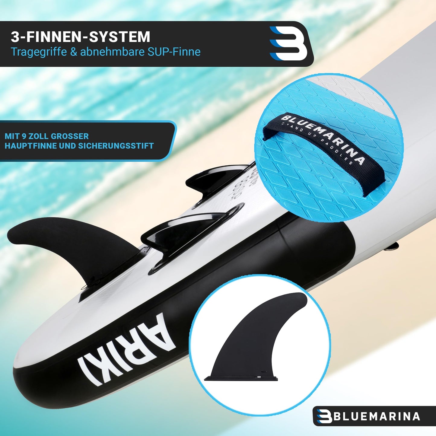 Bluemarina Ariki SUP Board aufblasbar 325x86x15cm, 140kg Tragkraft, inkl. Paddel-Set & Surfbrett-Zubehör, 5 Jahre Garantie