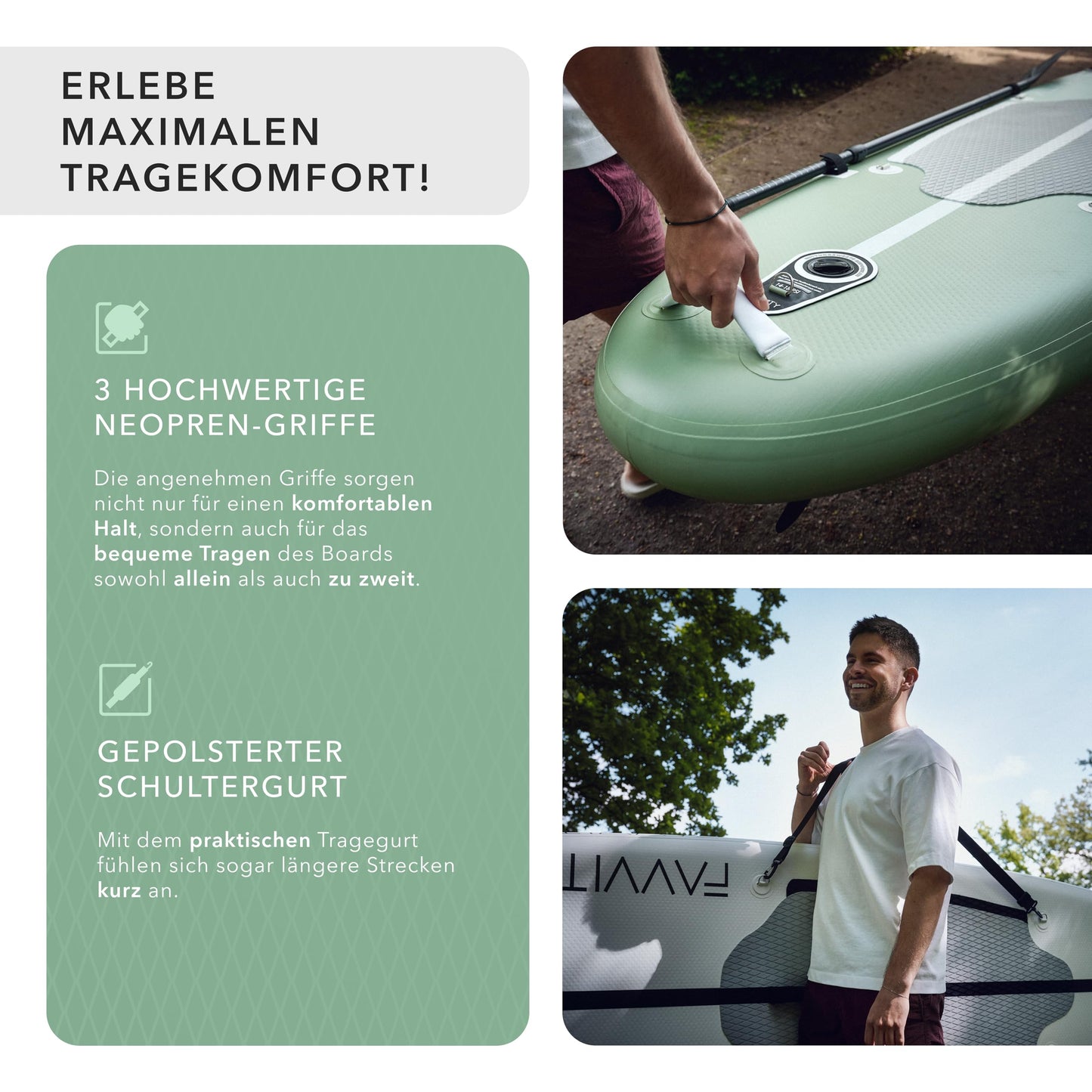 FAVVITY SUP Board aufblasbar, ultraleichtes Allround Paddle Board Set mit Halb-Carbon Paddel, 150kg Tragkraft, 7 Jahre Garantie, stilvoll