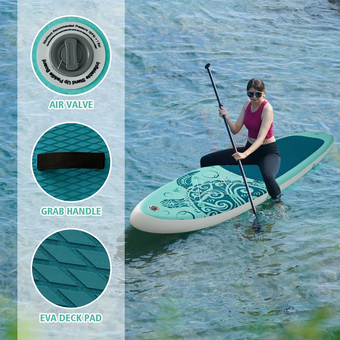 FEATH-R-LITE Aufblasbares SUP Board, Surfbrett mit komplettem Zubehör, verstellbares Paddel, Pumpe, Rucksack, Leine & Dry Bag, für Erwachsene