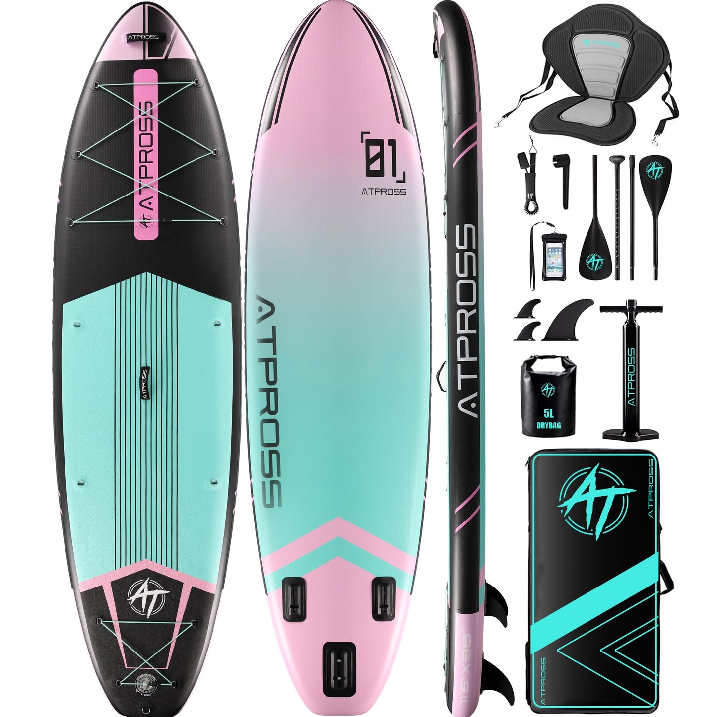 ATPROSS 350x89x15cm Inflatable SUP Board, extra breit & stabil, 200kg, inkl. Zubehör-Set & Rucksack, Kajak-Board für Yoga, Angeln & Surfen