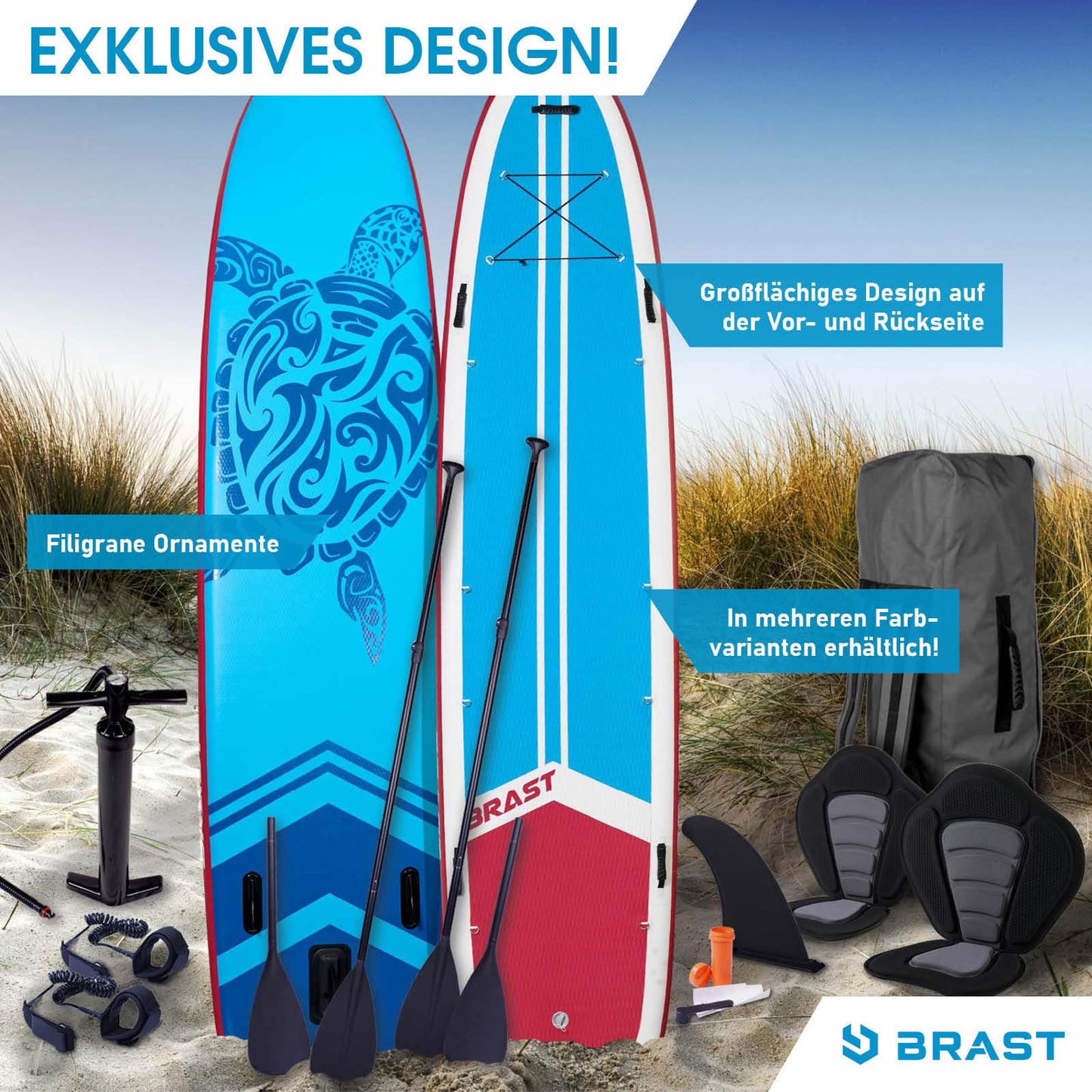 BRAST® SUP Board Family XXL 370x87x15cm, bis 210kg, aufblasbar, inkl. Zubehör-Set mit 2 Kajaksitzen, 2 Paddeln, Pumpe & Rucksack, Design Turtle