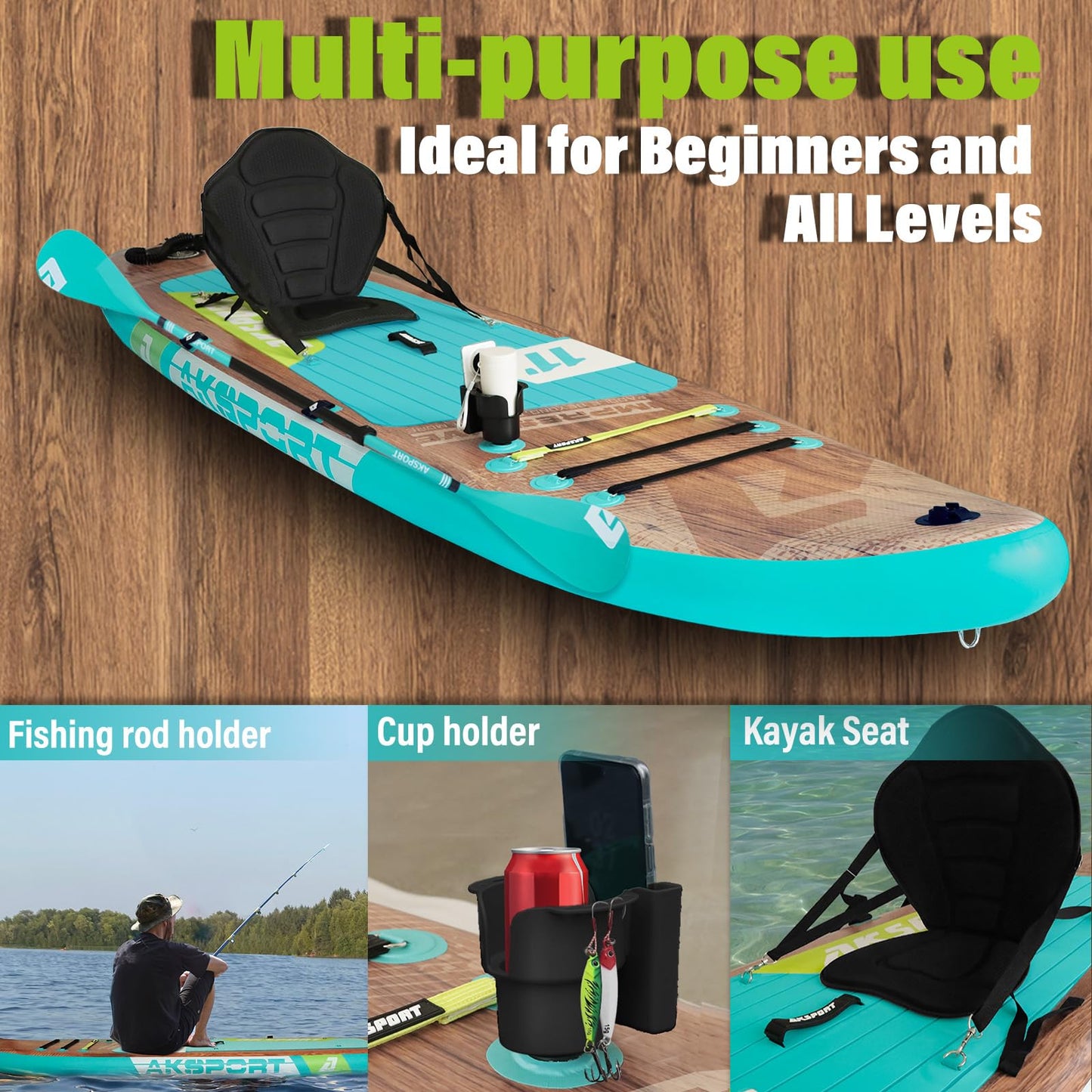 AKSPORT 11' Aufblasbares SUP Board mit Zubehör, stabiles Design, rutschfestes Deck, 2-in-1 Paddle/Kajak Board für Paddeln & Fischen