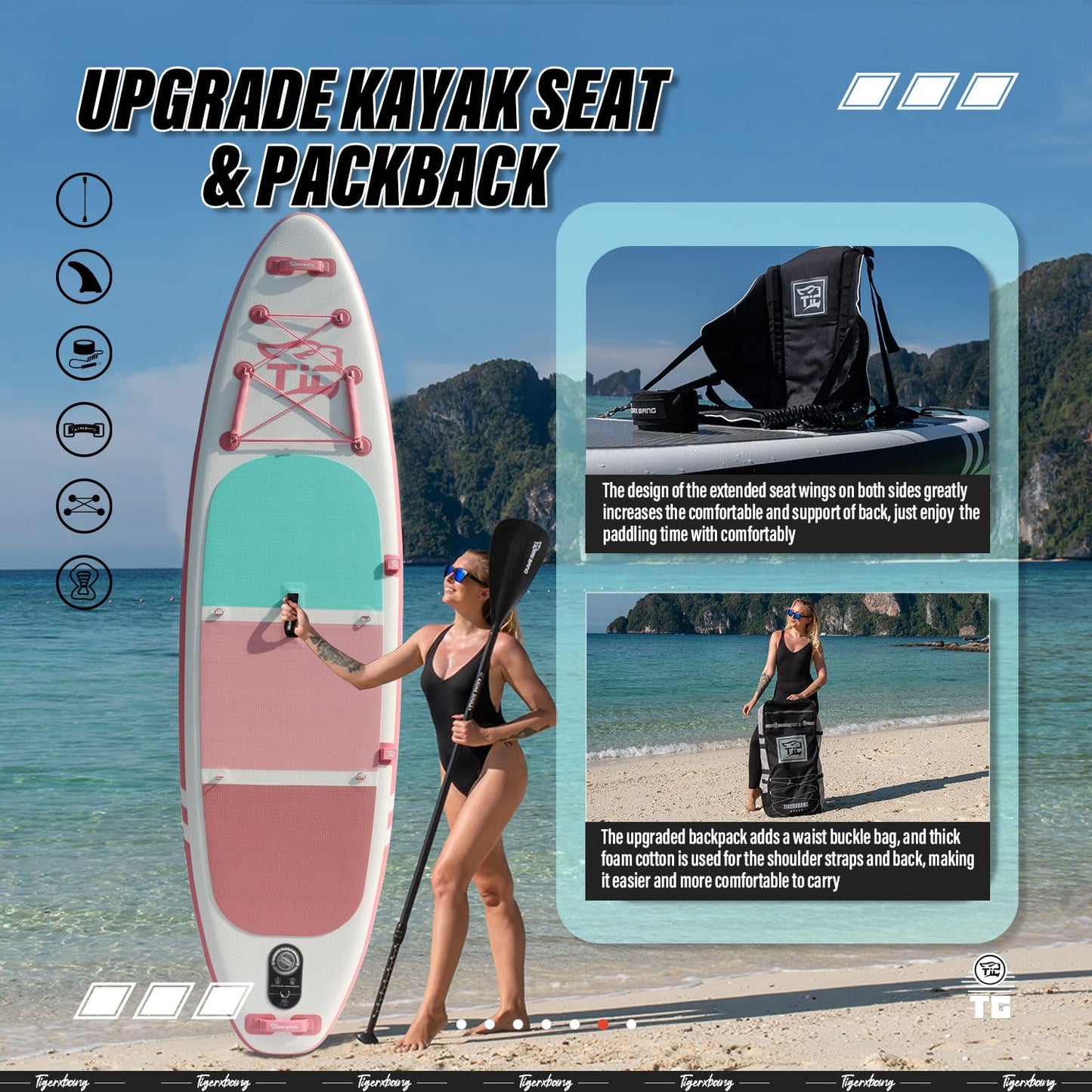 TIGERXBANG SUP Board 320x82x15cm, aufblasbar mit Doppelpaddel & Kajak-Sitz, robustes Stand Up Paddleboard, Defender-Pro Kollektion Rosa