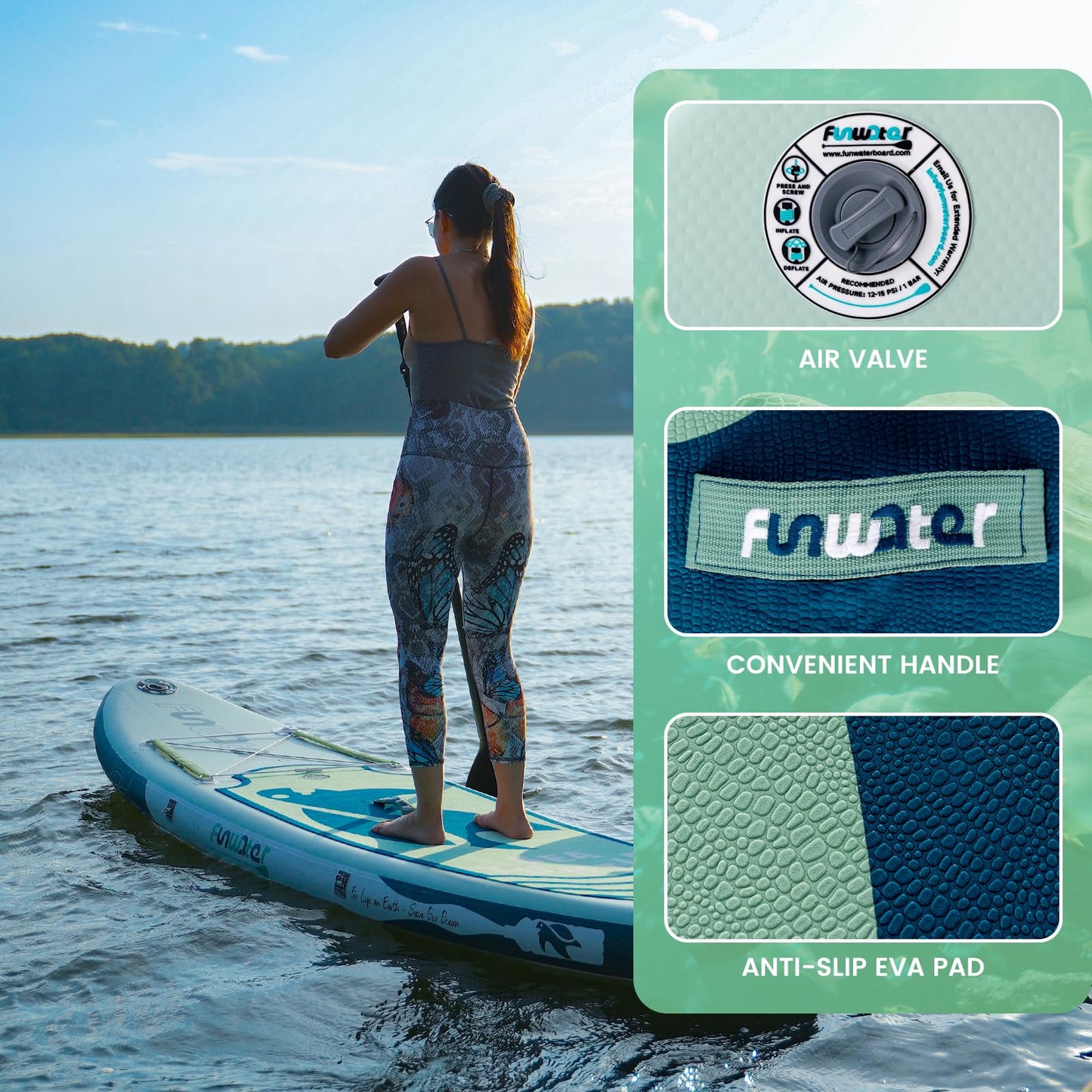 FunWater Aufblasbares SUP Board, Surfbrett mit komplettem Zubehör, verstellbares Paddel, Pumpe, Rucksack, Leine & Dry Bag, für Erwachsene