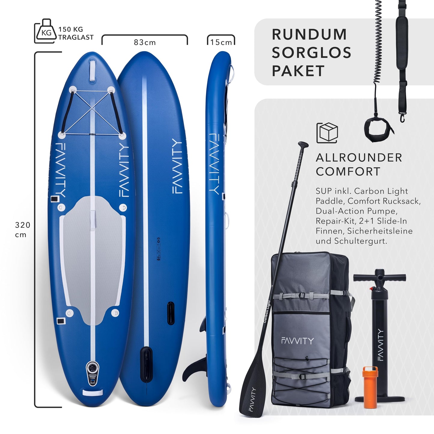FAVVITY SUP Board aufblasbar, ultraleichtes Allround Paddle Board Set mit Halb-Carbon Paddel, 150kg Tragkraft, 7 Jahre Garantie, stilvoll