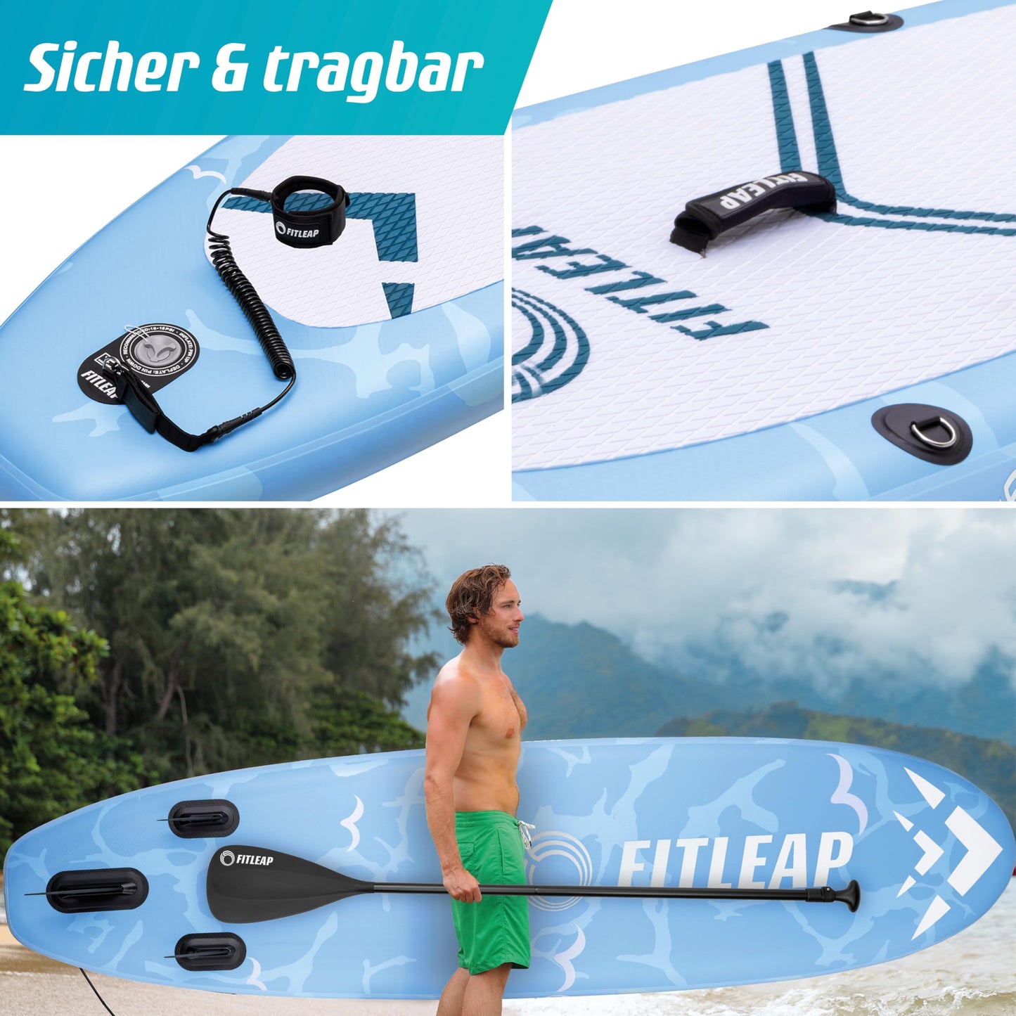 Fitleap Premium SUP Board aufblasbar, Set mit Hochdruckpumpe, verstellbarem Paddel & Rucksack, ideal für Anfänger & Profis, Yoga & Surfen