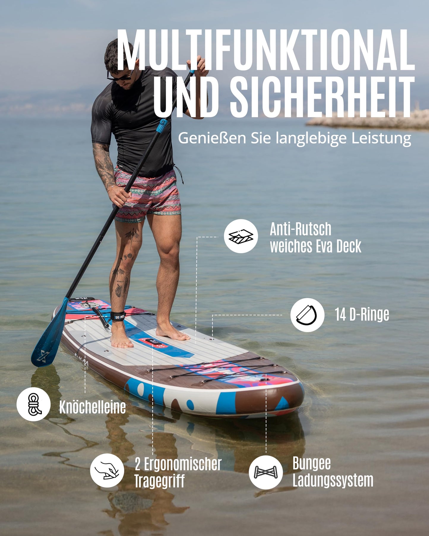 ZLX SUP Board 320cm mit Sitz, aufblasbar & stabil, rutschfestes Deck, inkl. Pumpe, für Erwachsene, Familien & einsteigerfreundlich
