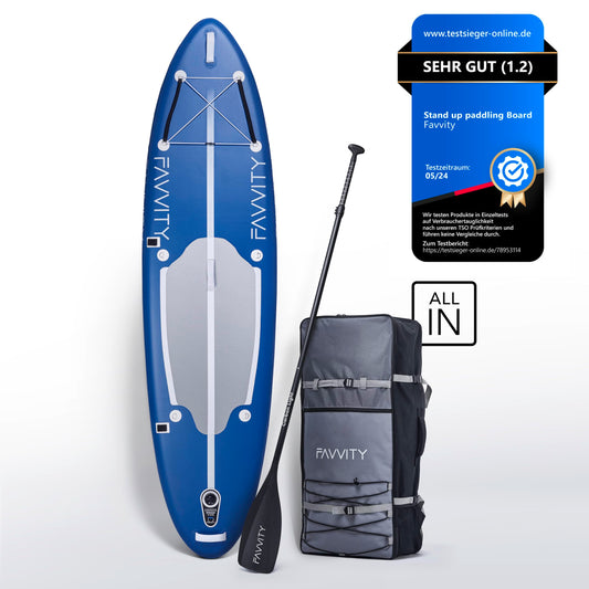 FAVVITY SUP Board aufblasbar, ultraleichtes Allround Paddle Board Set mit Halb-Carbon Paddel, 150kg Tragkraft, 7 Jahre Garantie, stilvoll