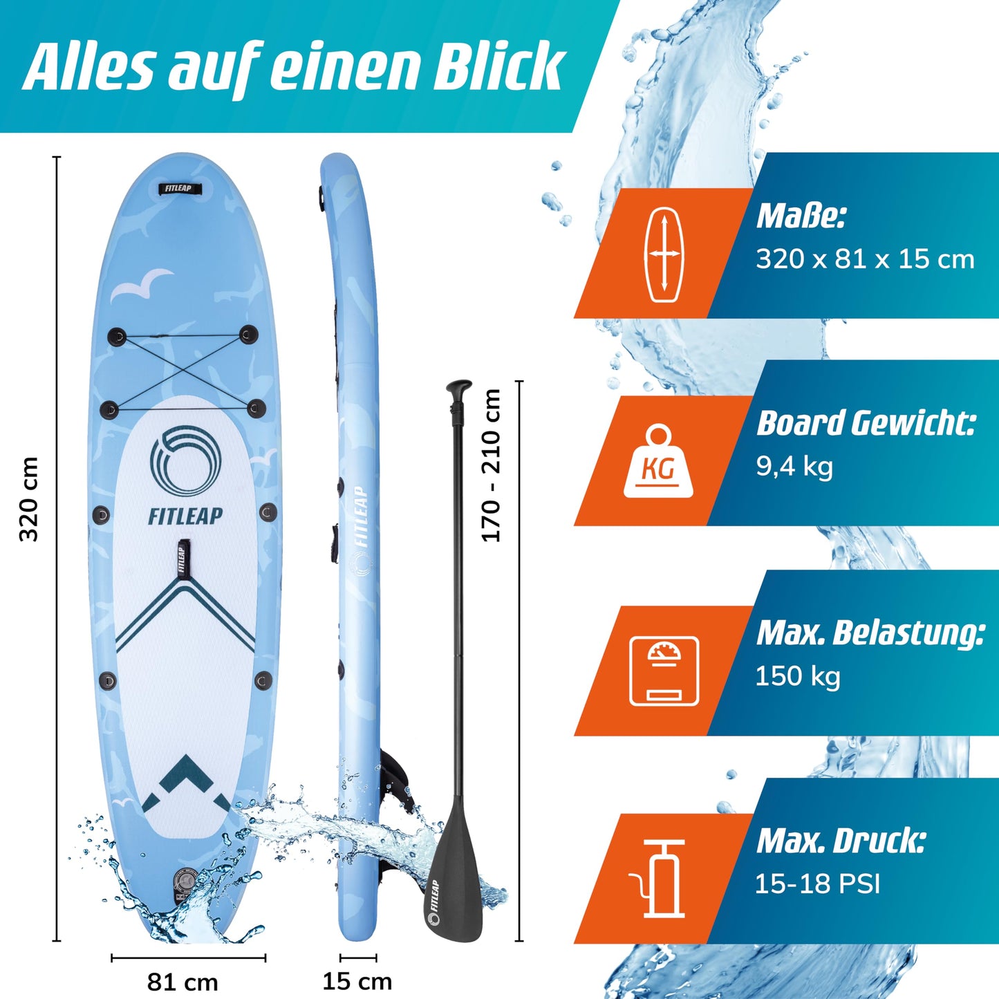 Fitleap Premium SUP Board aufblasbar, Set mit Hochdruckpumpe, verstellbarem Paddel & Rucksack, ideal für Anfänger & Profis, Yoga & Surfen