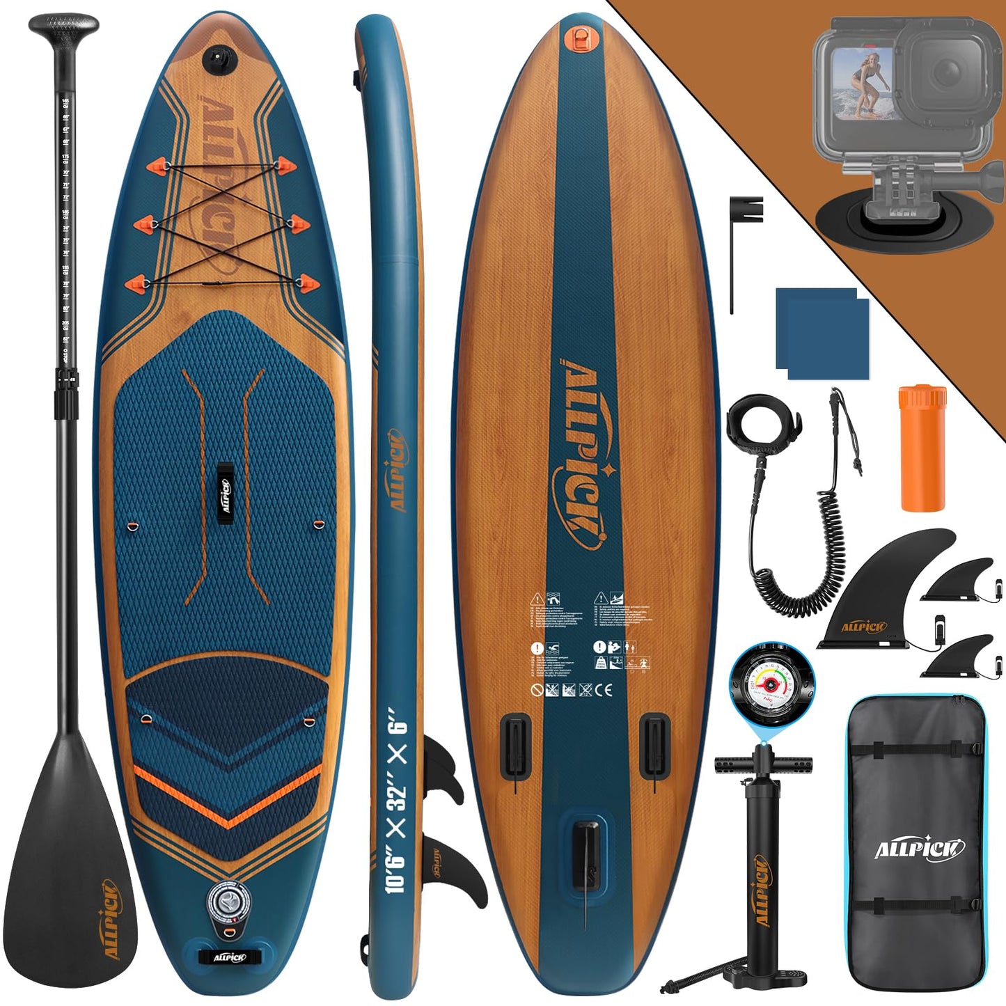 ALLPICK Premium SUP Board Set, aufblasbar, mit Zubehör & Kamerahalterung, verstellbares Paddel, für Anfänger & Profis, 180kg, Marineblau