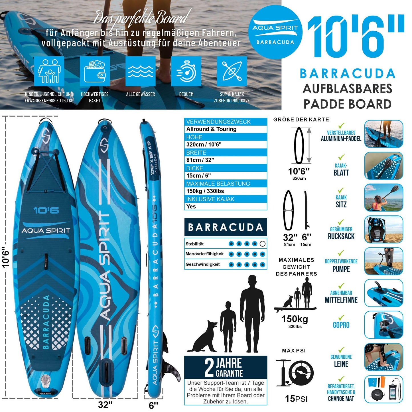 Aqua Spirit SUP 2024 Aufblasbares Paddle Board 320x81x15cm, inkl. Kajak-Umbausatz, Paddel, Rucksack, Pumpe, Zubehör, 2 Jahre Garantie