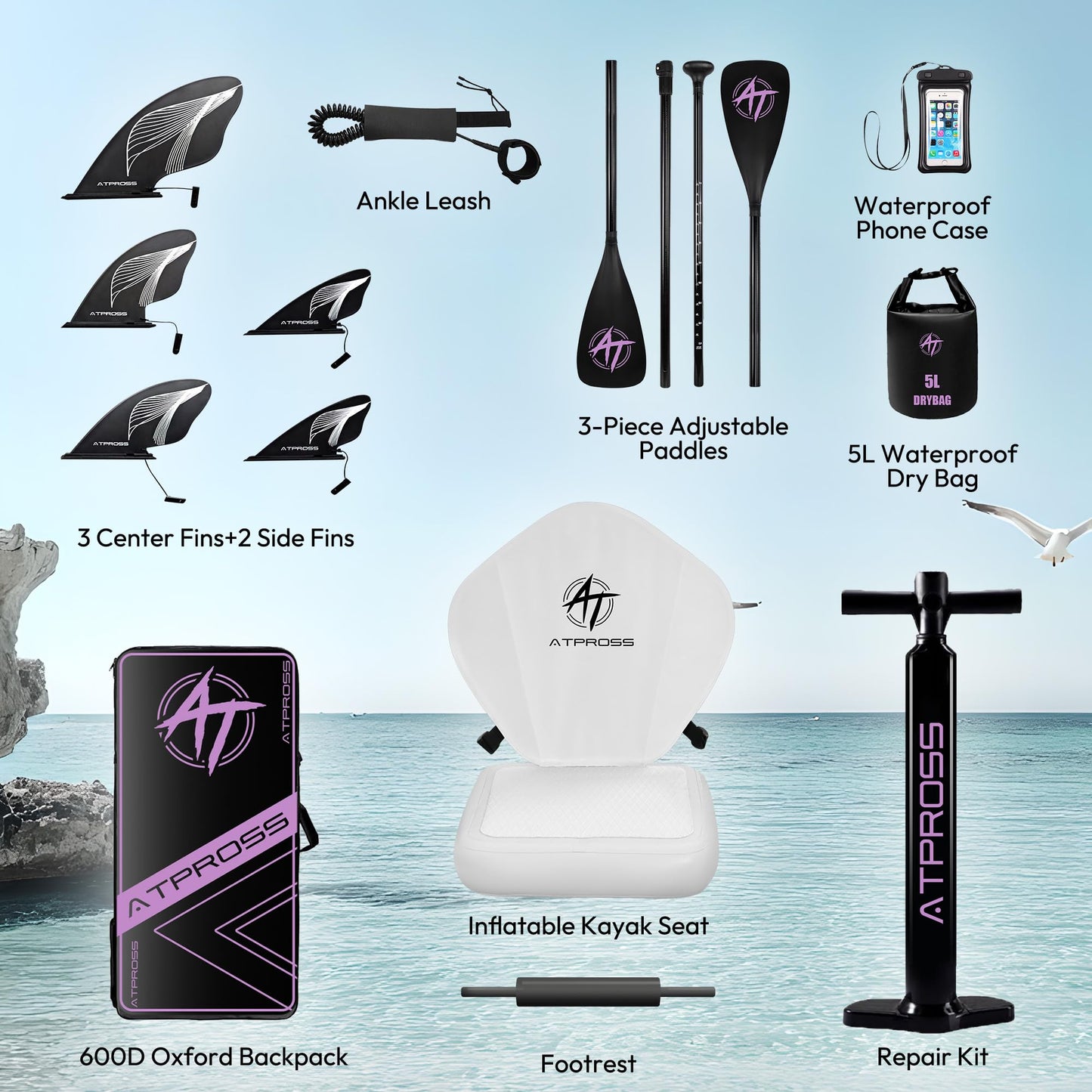 ATPROSS 12'x36 Inflatable SUP Board, extra breit & stabil, 450lbs, inkl. Zubehör-Set & Rucksack, Kajak-Board für Yoga, Angeln & Surfen
