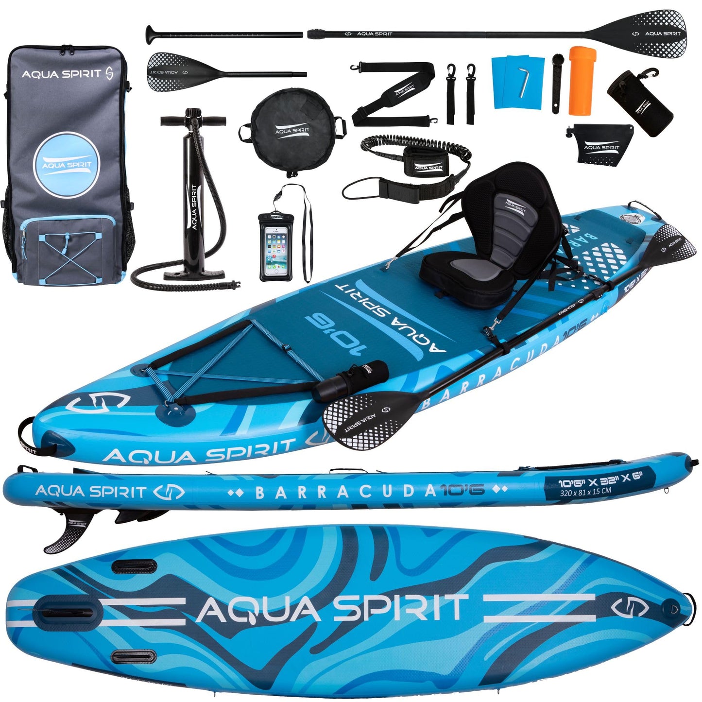 Aqua Spirit SUP 2024 Aufblasbares Paddle Board 320x81x15cm, inkl. Kajak-Umbausatz, Paddel, Rucksack, Pumpe, Zubehör, 2 Jahre Garantie
