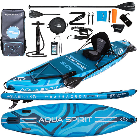 Aqua Spirit SUP 2024 Aufblasbares Paddle Board 320x81x15cm, inkl. Kajak-Umbausatz, Paddel, Rucksack, Pumpe, Zubehör, 2 Jahre Garantie