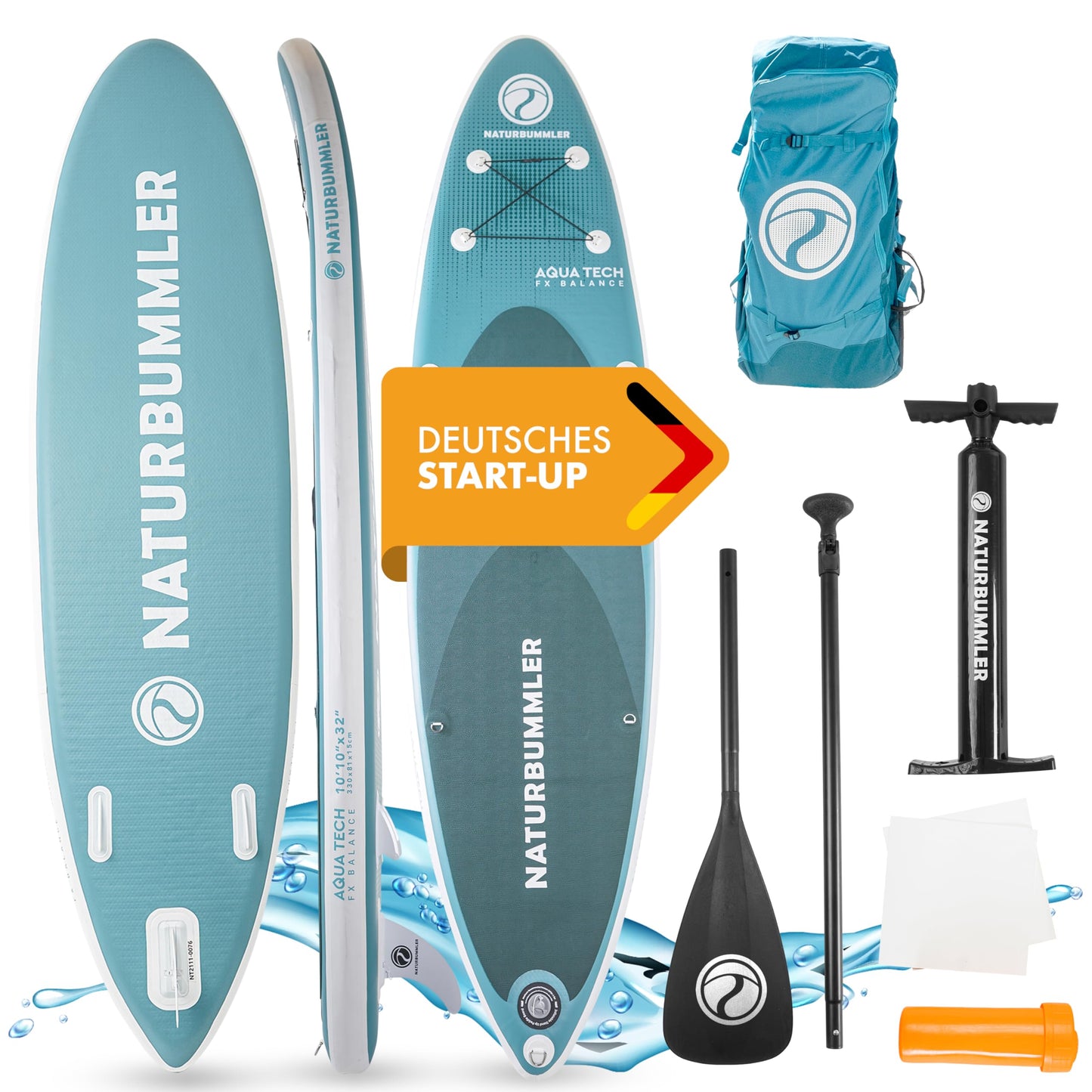 NATURBUMMLER® SUP Board Set 330x81x15cm, für Anfänger & Profis bis 150kg, inkl. Paddel, Luftpumpe & Rucksack, aufblasbares Paddleboard Outdoor