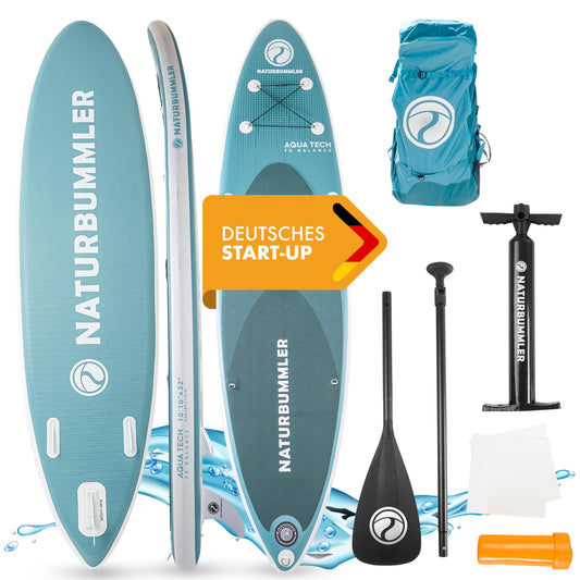 NATURBUMMLER® SUP Board Set 330x81x15cm, für Anfänger & Profis bis 150kg, inkl. Paddel, Luftpumpe & Rucksack, aufblasbares Paddleboard Outdoor