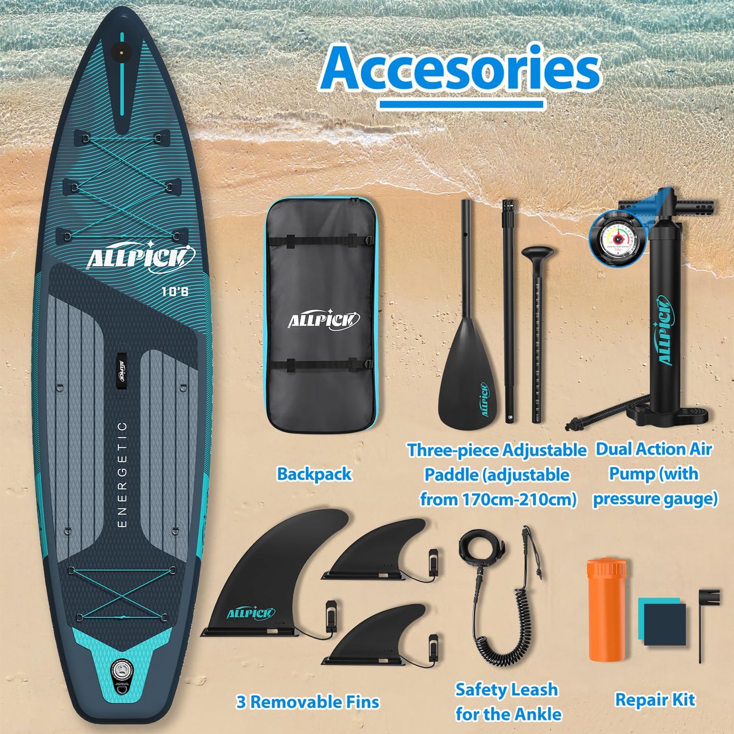 ALLPICK Premium SUP Board Set, aufblasbar, mit Zubehör & Kamerahalterung, verstellbares Paddel, für Anfänger & Profis, 180kg, Premium-Grün