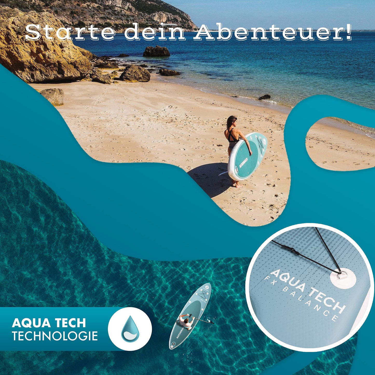 NATURBUMMLER® SUP Board Set 330x81x15cm, für Anfänger & Profis bis 150kg, inkl. Paddel, Luftpumpe & Rucksack, aufblasbares Paddleboard Outdoor