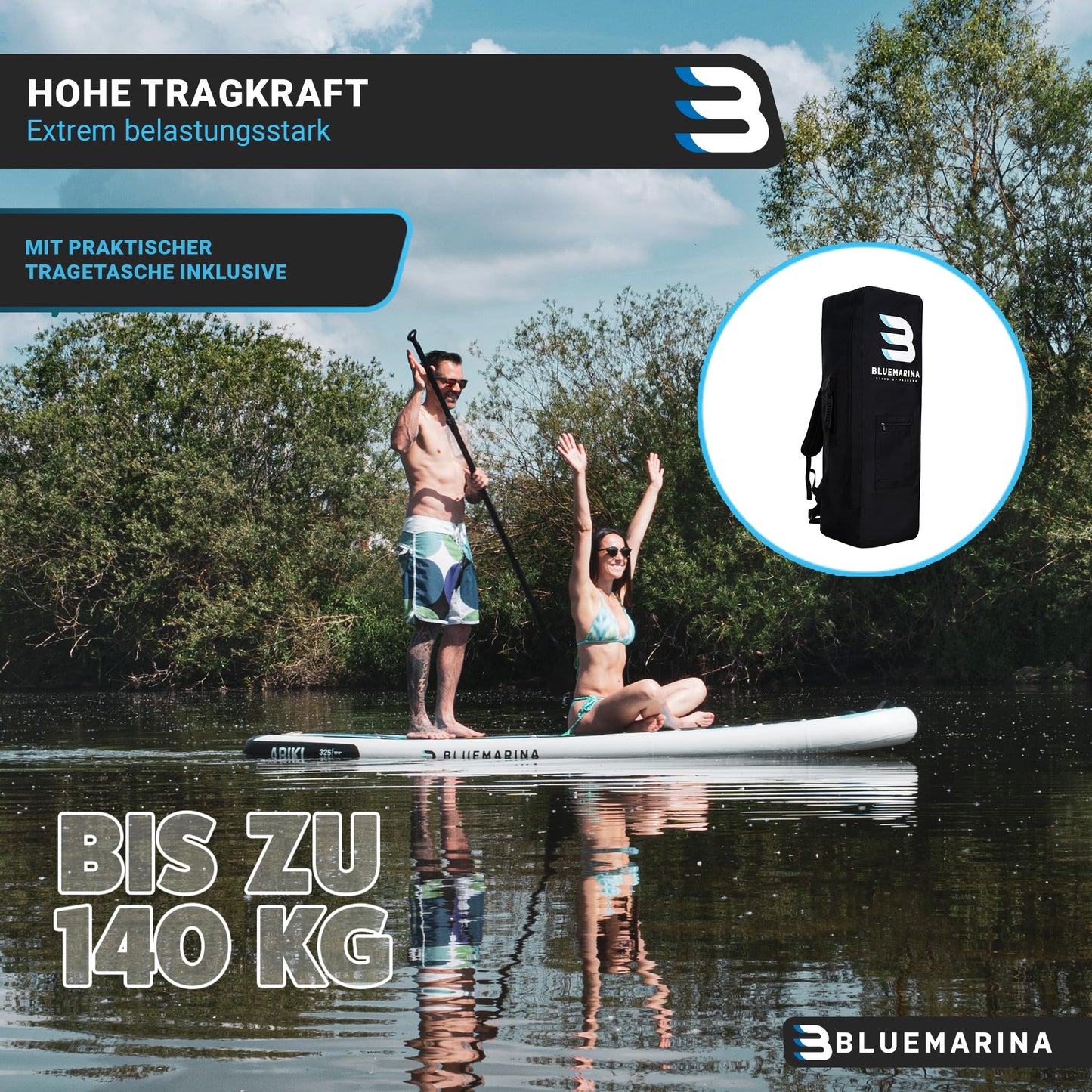 Bluemarina Ariki SUP Board aufblasbar 325x86x15cm, 140kg Tragkraft, inkl. Paddel-Set & Surfbrett-Zubehör, 5 Jahre Garantie