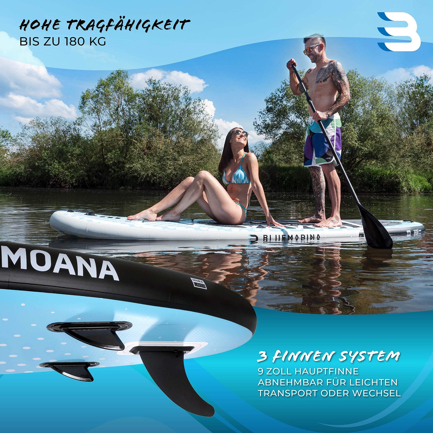 Bluemarina Moana SUP Board aufblasbar 325x85x15cm, bis 180kg Tragkraft, inkl. Paddle-Set & Surfbrett-Zubehör, 5 Jahre Garantie