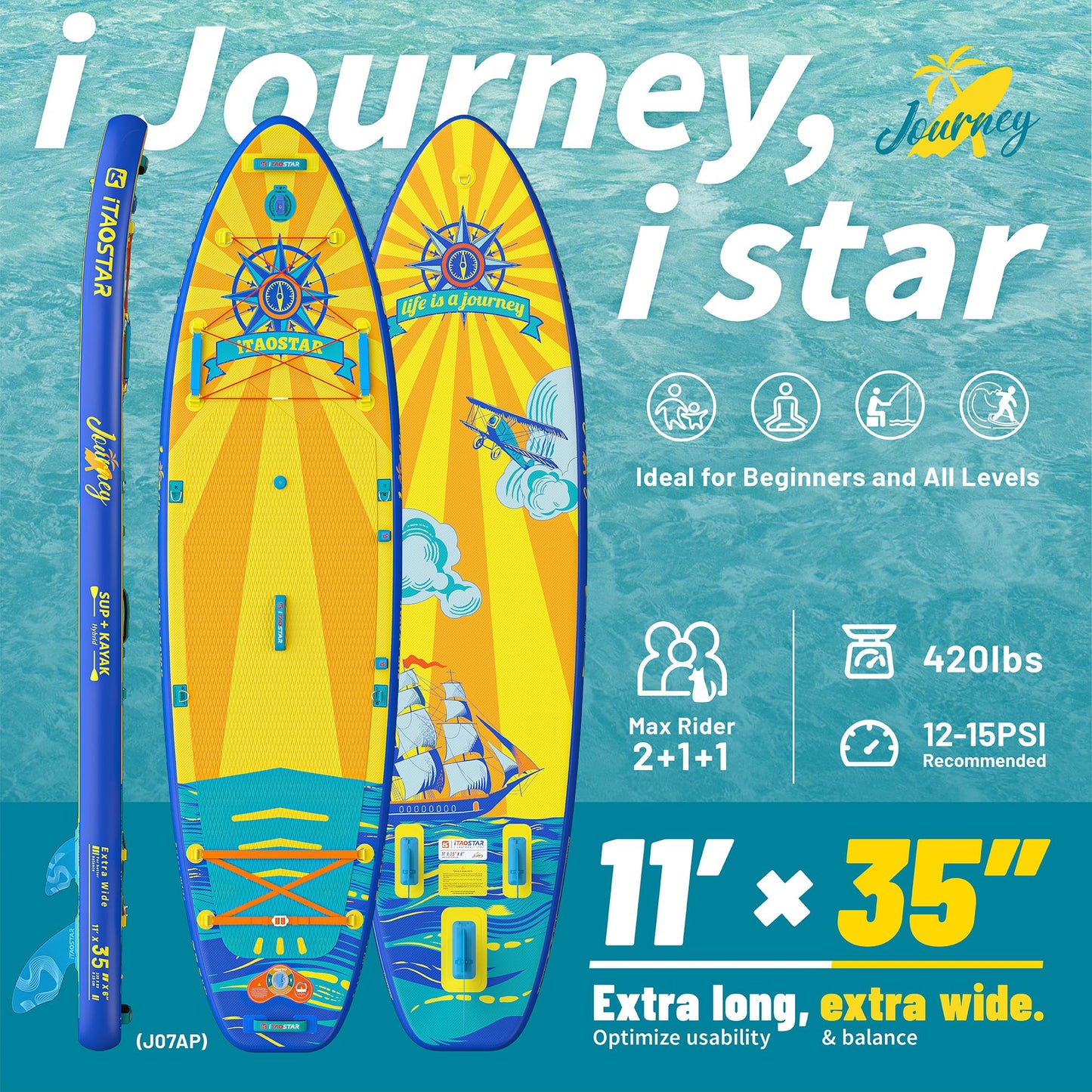 iTAOSTAR J07A SUP Board, aufblasbar & extra breit 35", für Erwachsene & Jugendliche aller Levels, inkl. Premium Paddleboard Zubehör