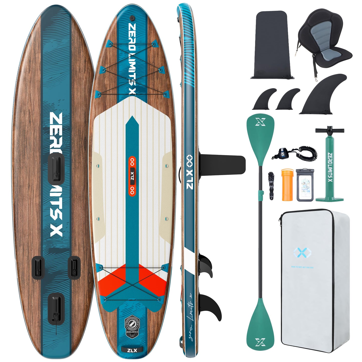 ZLX SUP Board 320cm mit Sitz, aufblasbar & stabil, rutschfestes Deck, inkl. Pumpe, für Erwachsene, Familien & einsteigerfreundlich