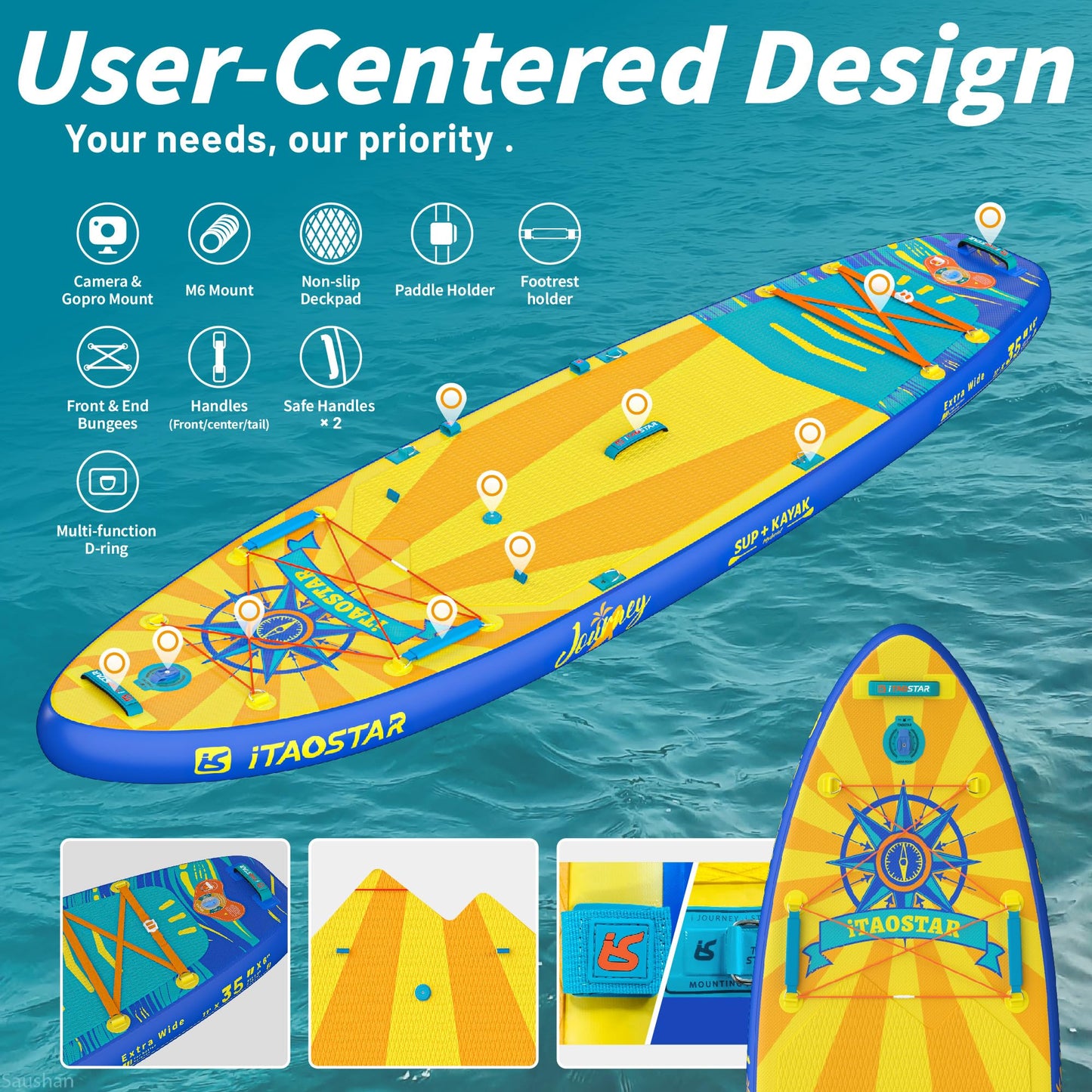 iTAOSTAR J07A SUP Board, aufblasbar & extra breit 35", für Erwachsene & Jugendliche aller Levels, inkl. Premium Paddleboard Zubehör