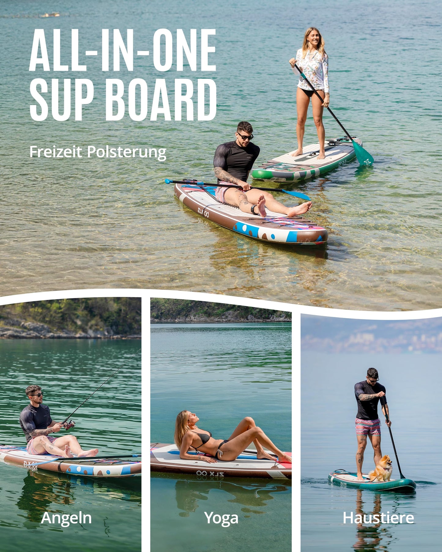 ZLX SUP Board 320cm mit Sitz, aufblasbar & stabil, rutschfestes Deck, inkl. Pumpe, für Erwachsene, Familien & einsteigerfreundlich