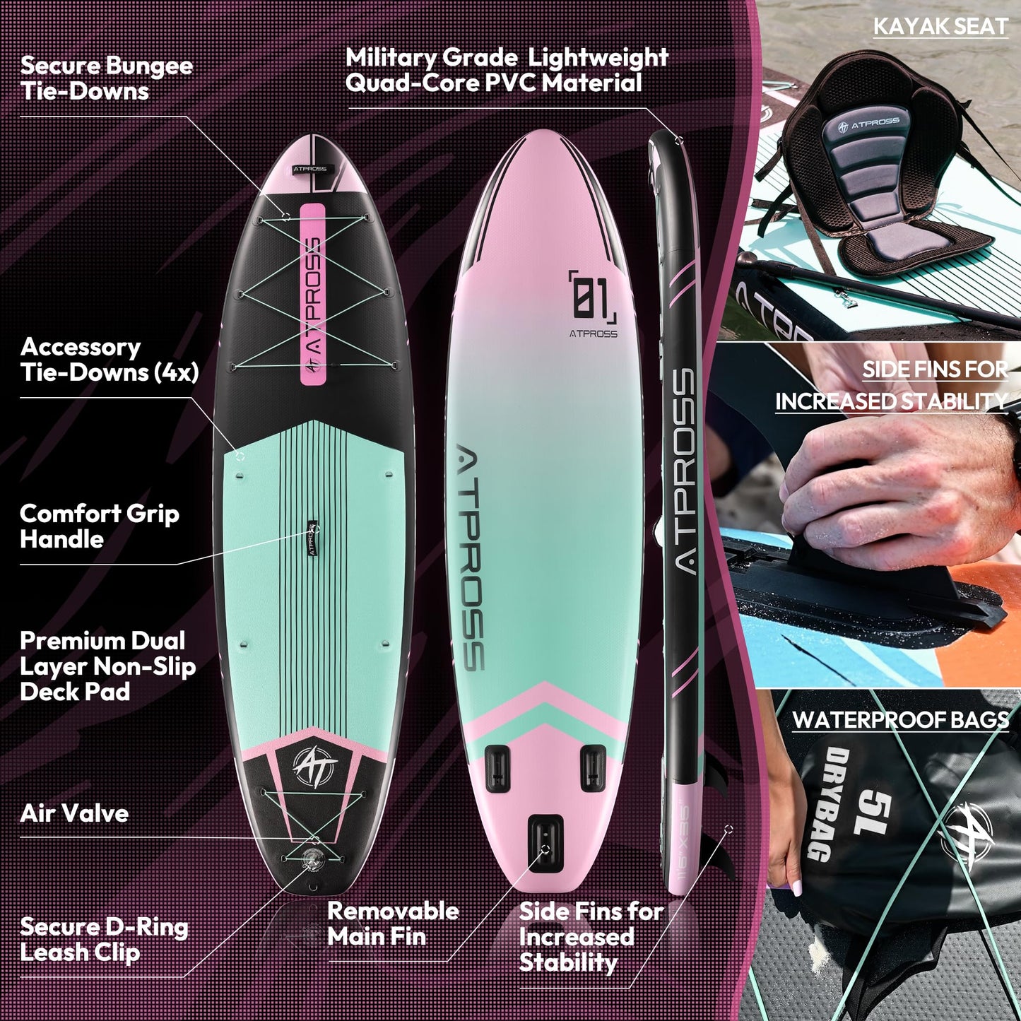 ATPROSS 350x89x15cm Inflatable SUP Board, extra breit & stabil, 200kg, inkl. Zubehör-Set & Rucksack, Kajak-Board für Yoga, Angeln & Surfen