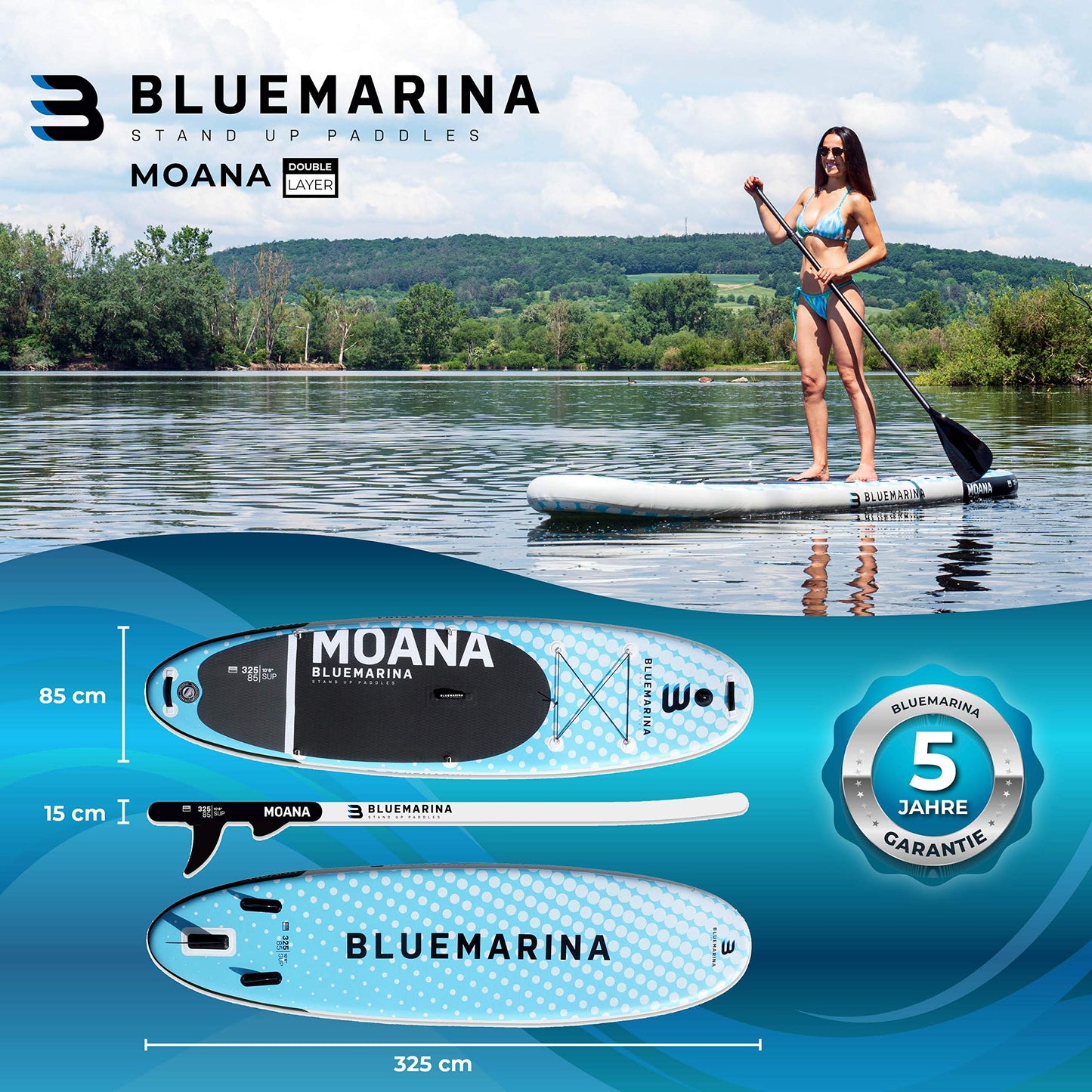 Bluemarina Moana SUP Board aufblasbar 325x85x15cm, bis 180kg Tragkraft, inkl. Paddle-Set & Surfbrett-Zubehör, 5 Jahre Garantie
