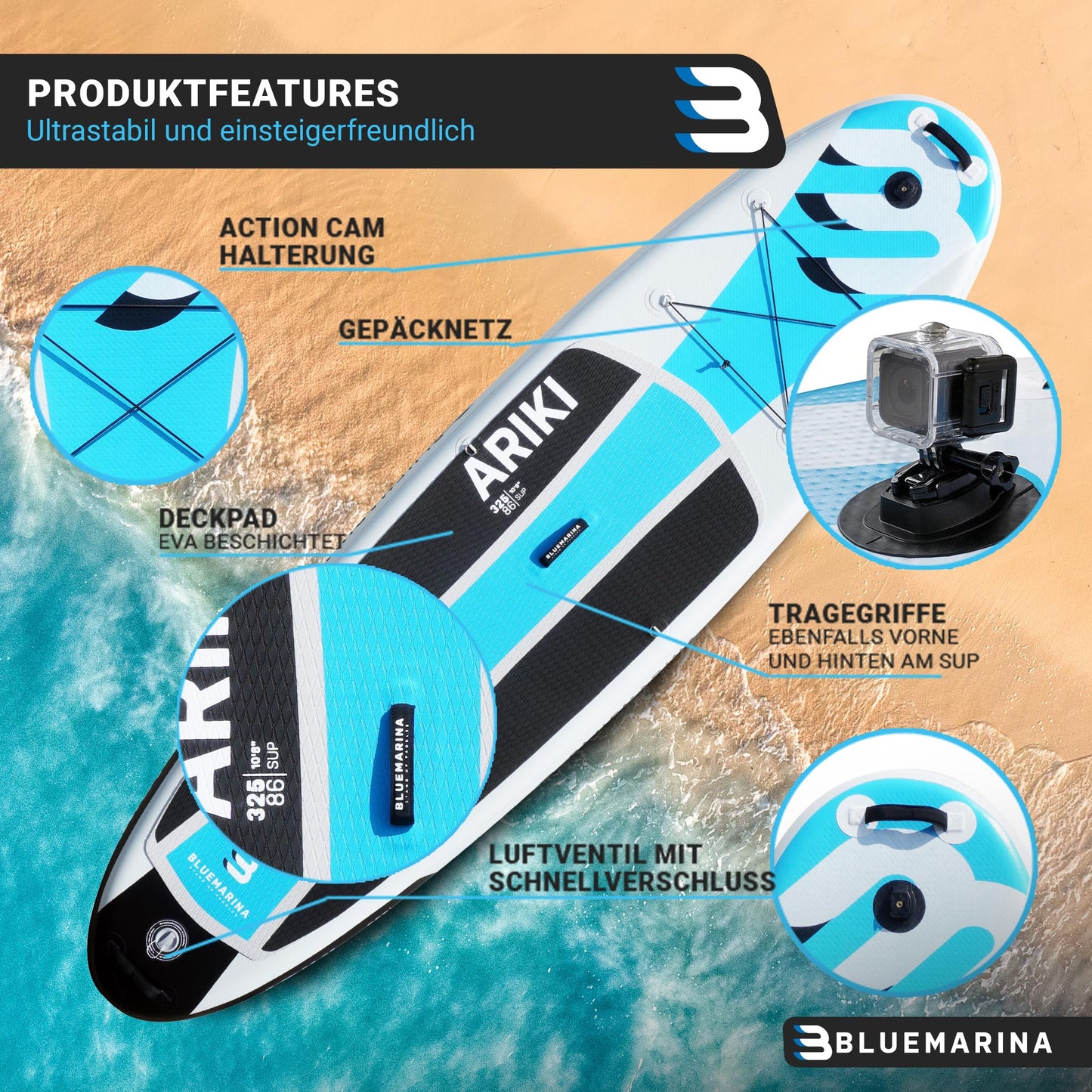 Bluemarina Ariki SUP Board aufblasbar 325x86x15cm, 140kg Tragkraft, inkl. Paddel-Set & Surfbrett-Zubehör, 5 Jahre Garantie
