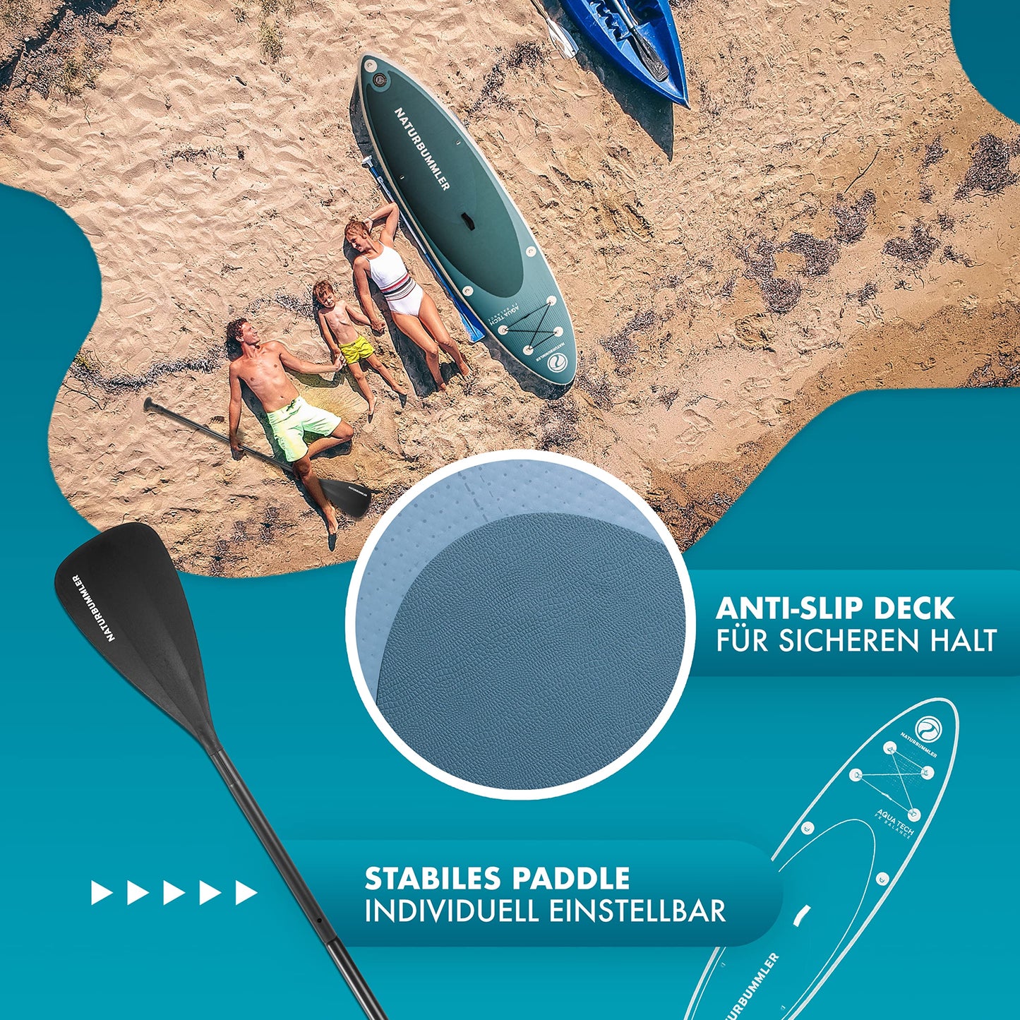 NATURBUMMLER® SUP Board Set 330x81x15cm, für Anfänger & Profis bis 150kg, inkl. Paddel, Luftpumpe & Rucksack, aufblasbares Paddleboard Outdoor