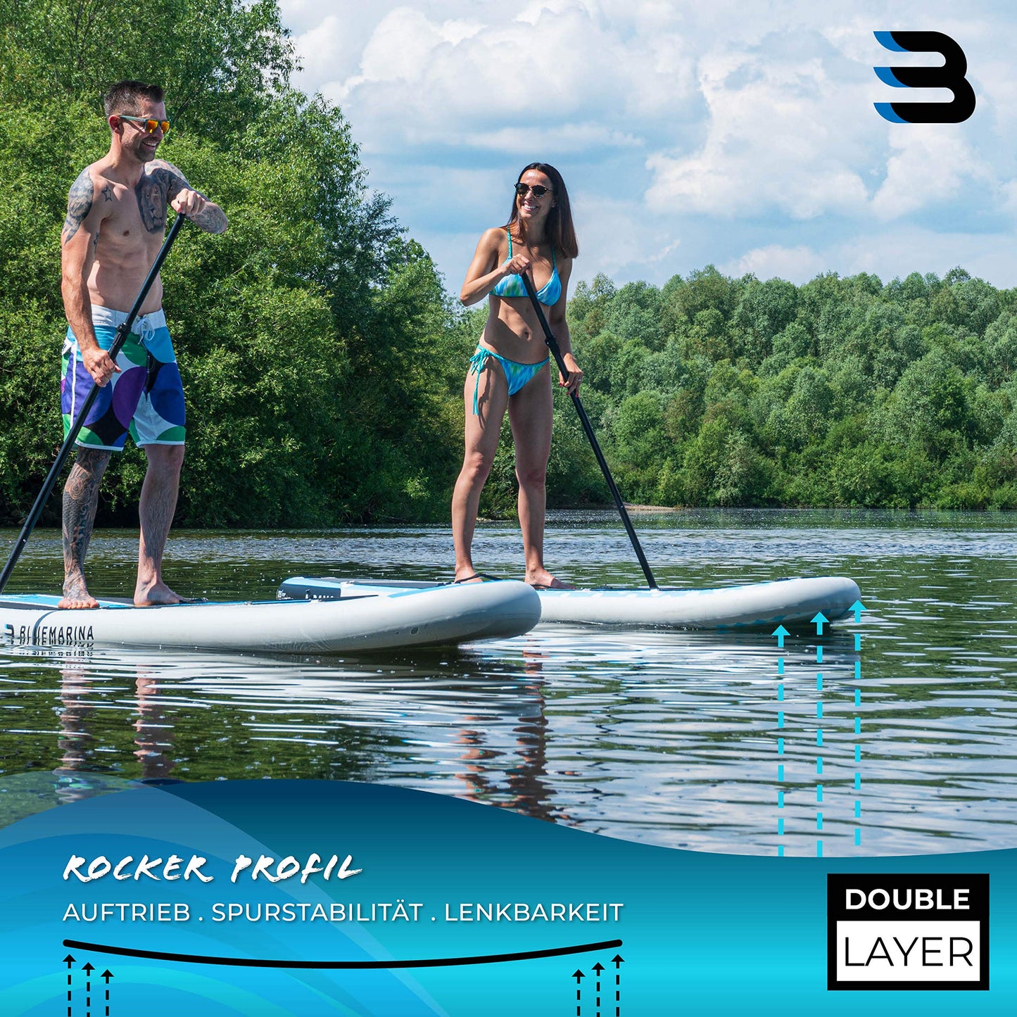Bluemarina Moana SUP Board aufblasbar 325x85x15cm, bis 180kg Tragkraft, inkl. Paddle-Set & Surfbrett-Zubehör, 5 Jahre Garantie