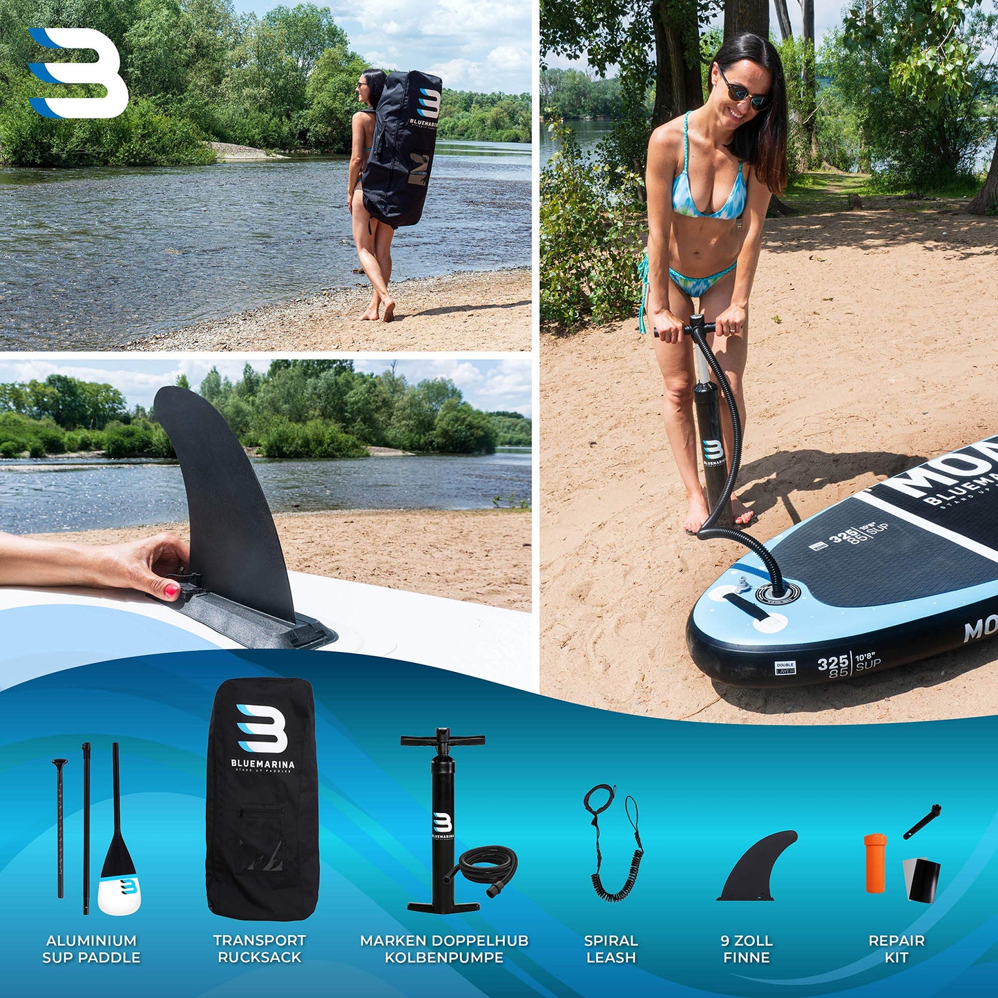 Bluemarina Moana SUP Board aufblasbar 325x85x15cm, bis 180kg Tragkraft, inkl. Paddle-Set & Surfbrett-Zubehör, 5 Jahre Garantie