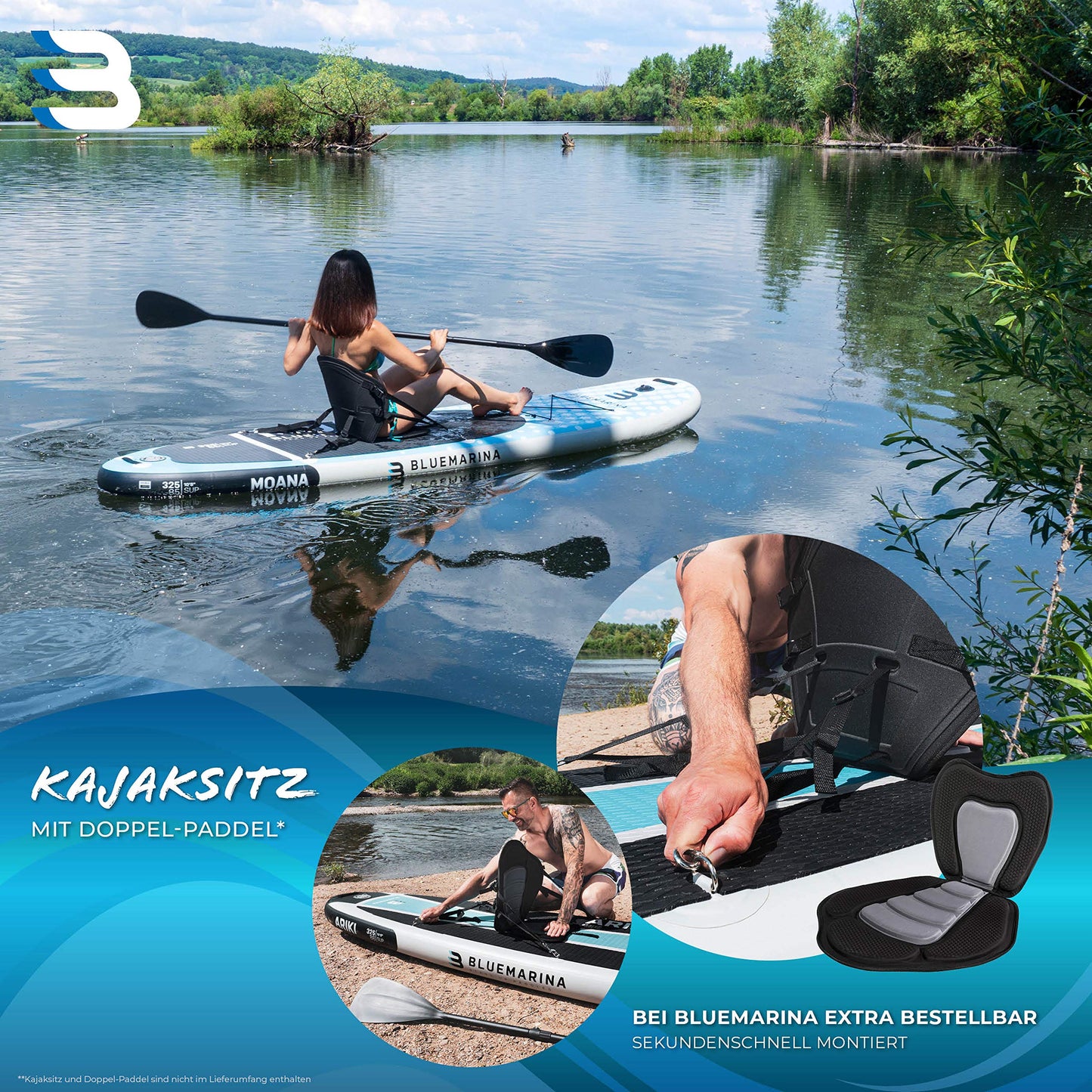 Bluemarina Moana SUP Board aufblasbar 325x85x15cm, bis 180kg Tragkraft, inkl. Paddle-Set & Surfbrett-Zubehör, 5 Jahre Garantie