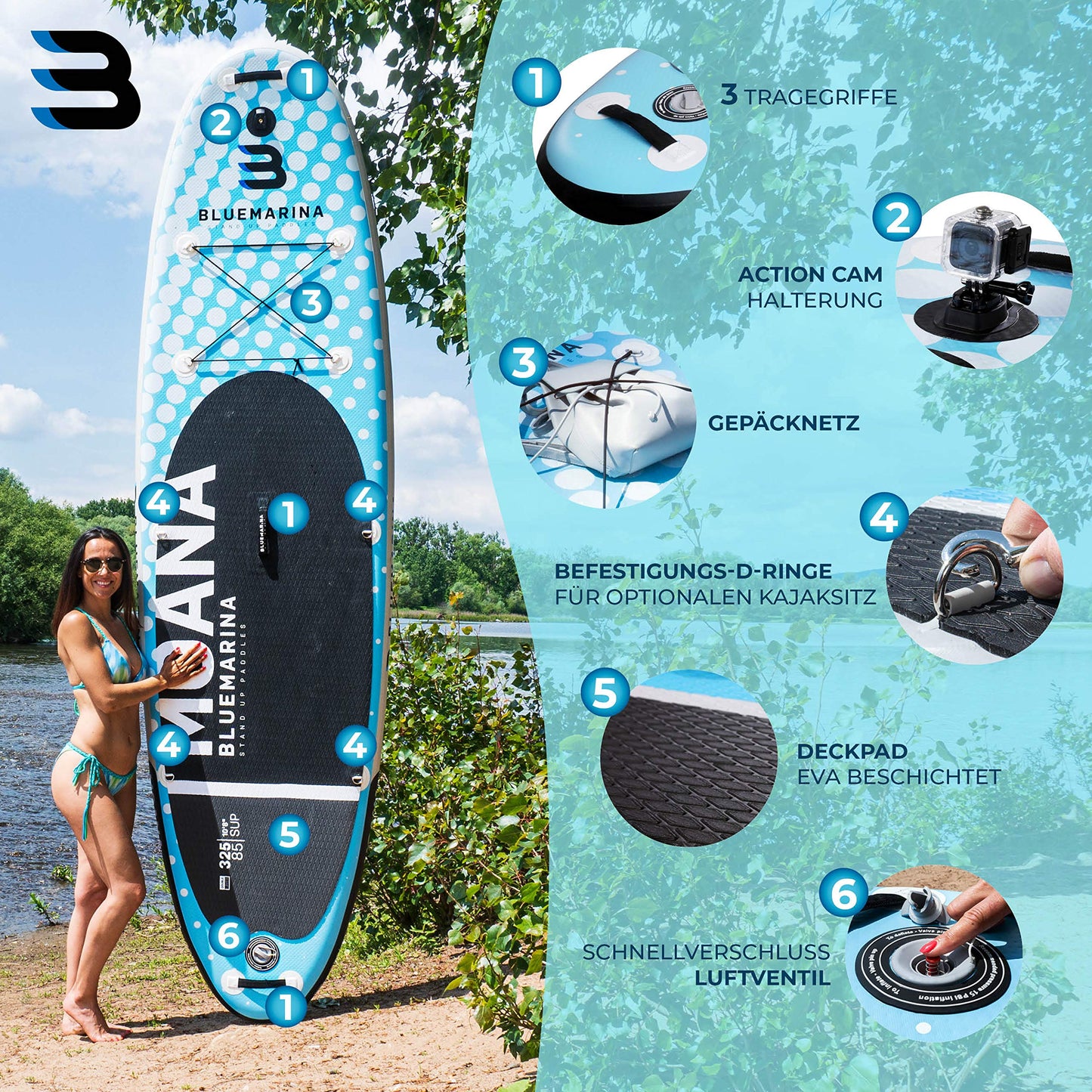 Bluemarina Moana SUP Board aufblasbar 325x85x15cm, bis 180kg Tragkraft, inkl. Paddle-Set & Surfbrett-Zubehör, 5 Jahre Garantie